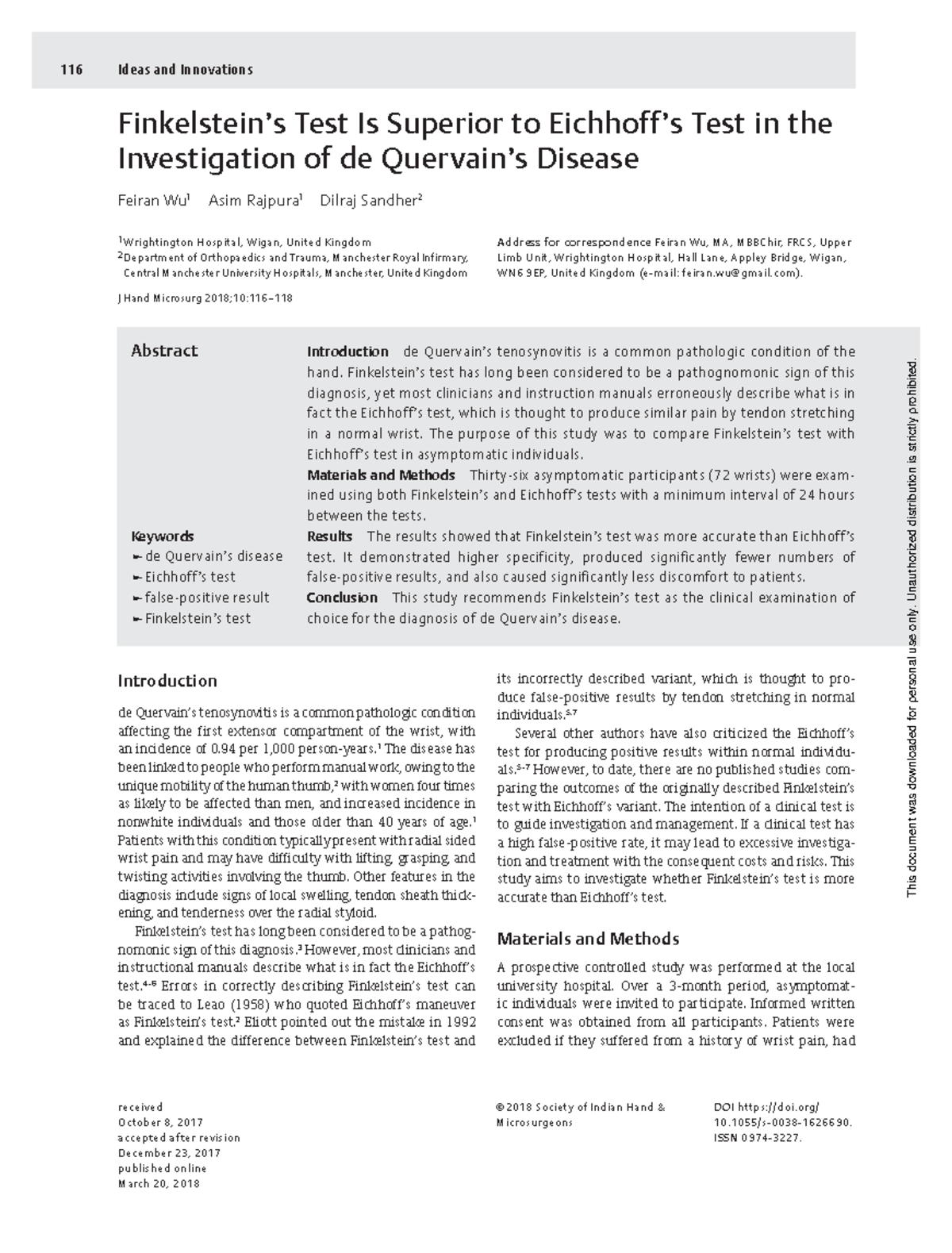Comparative Study of Finkelstein's vs. Eichhoff's Test in de Quervain’s ...
