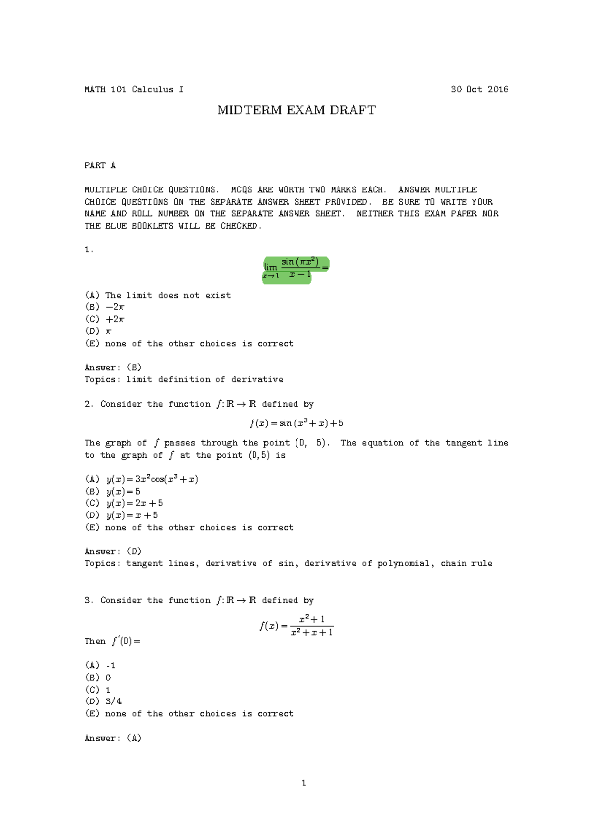 MATH 101 Midterm Exam Draft - Calculus I (30 Oct 2016) - Studocu