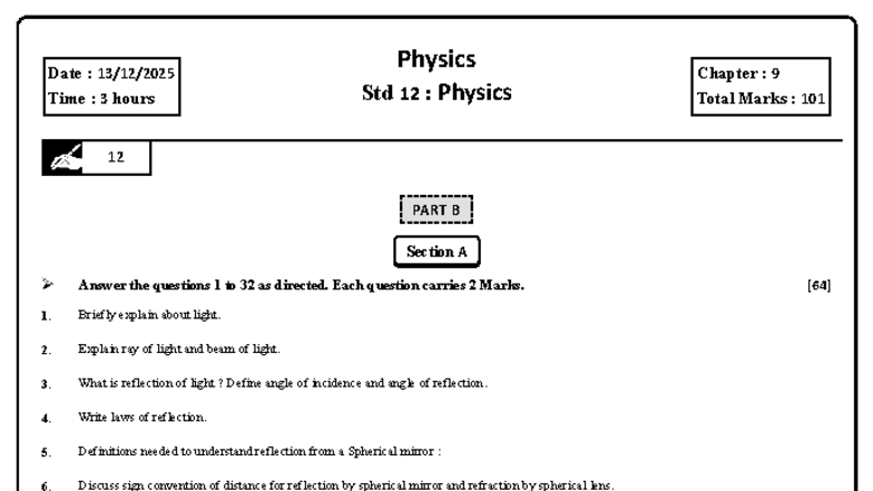 Physics Std 12: Chapter 9 - Reflection and Refraction Concepts - Studocu