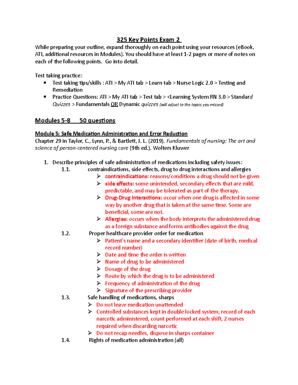 325 Key Points for Exam 2 Study Guide: Safe Medication Practices and ...