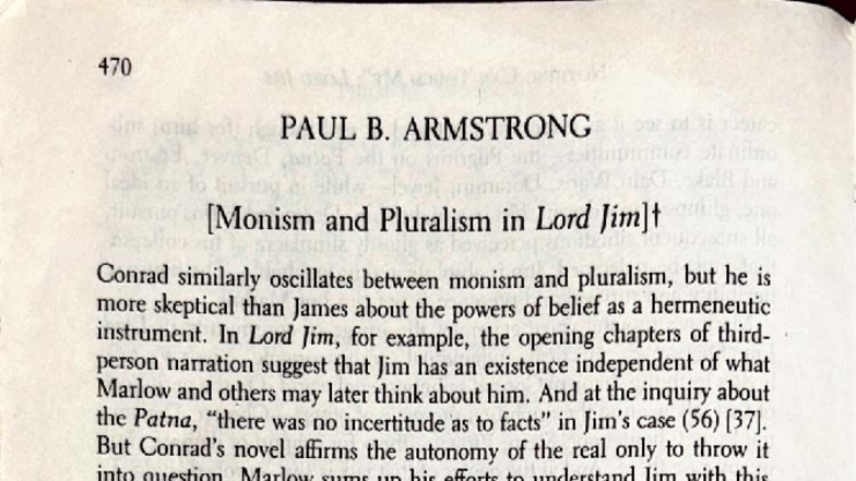 470 PAUL B. ARMSTRONG: Pluralism and Monism in Lord Jim Analysis - Studocu