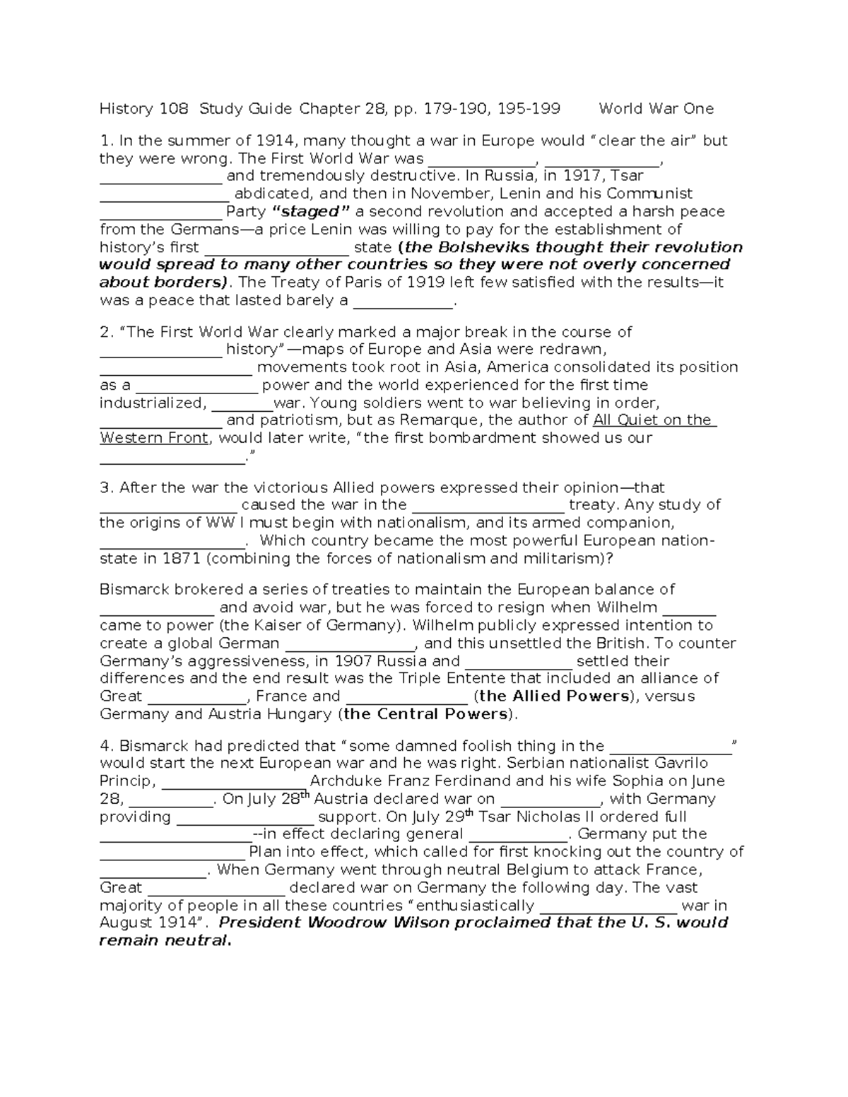 History 108 Study Guide: Chapter 28 - World War One Overview - History ...