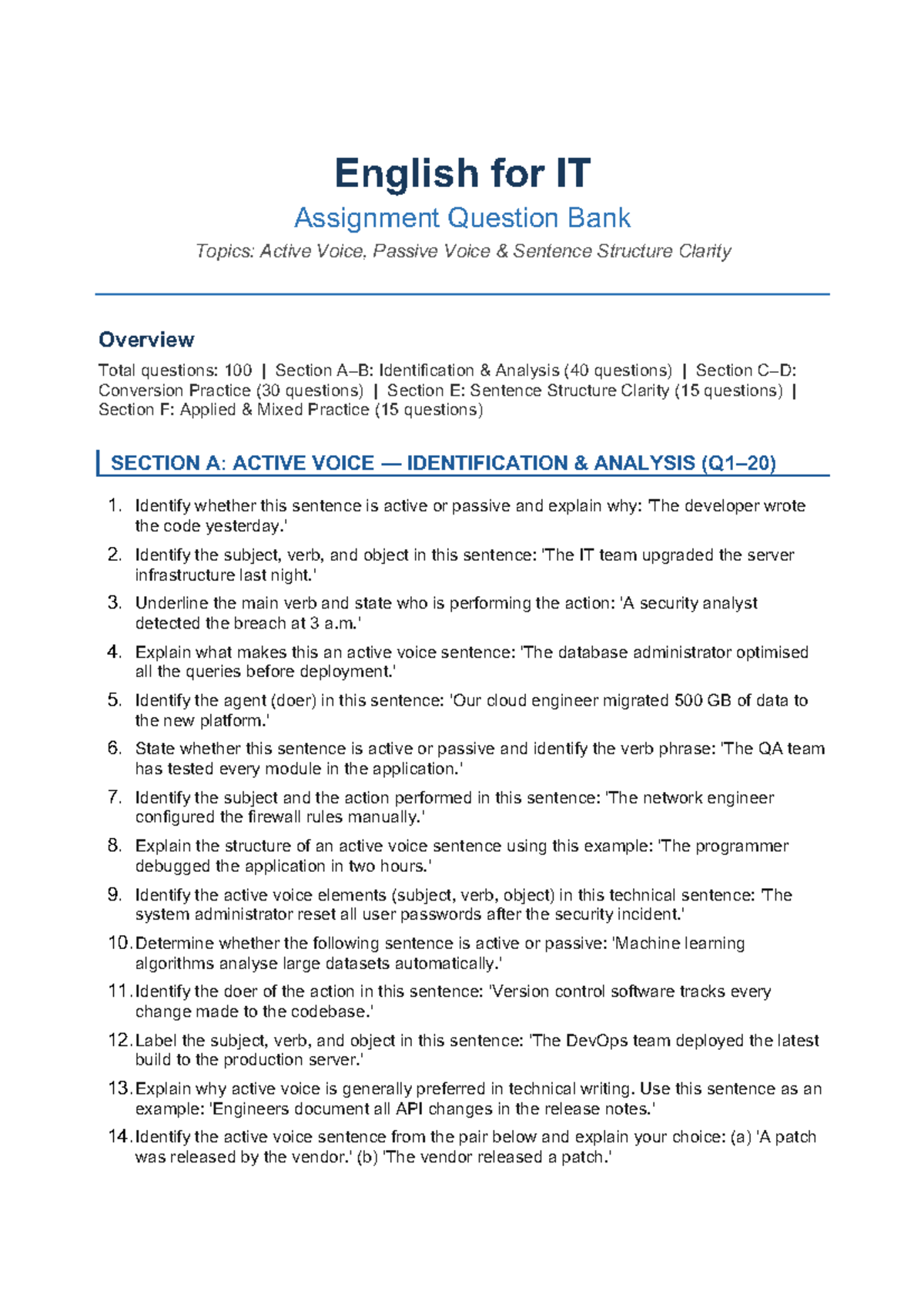 English for IT Assignment Q&A: Active & Passive Voice Analysis - Studocu