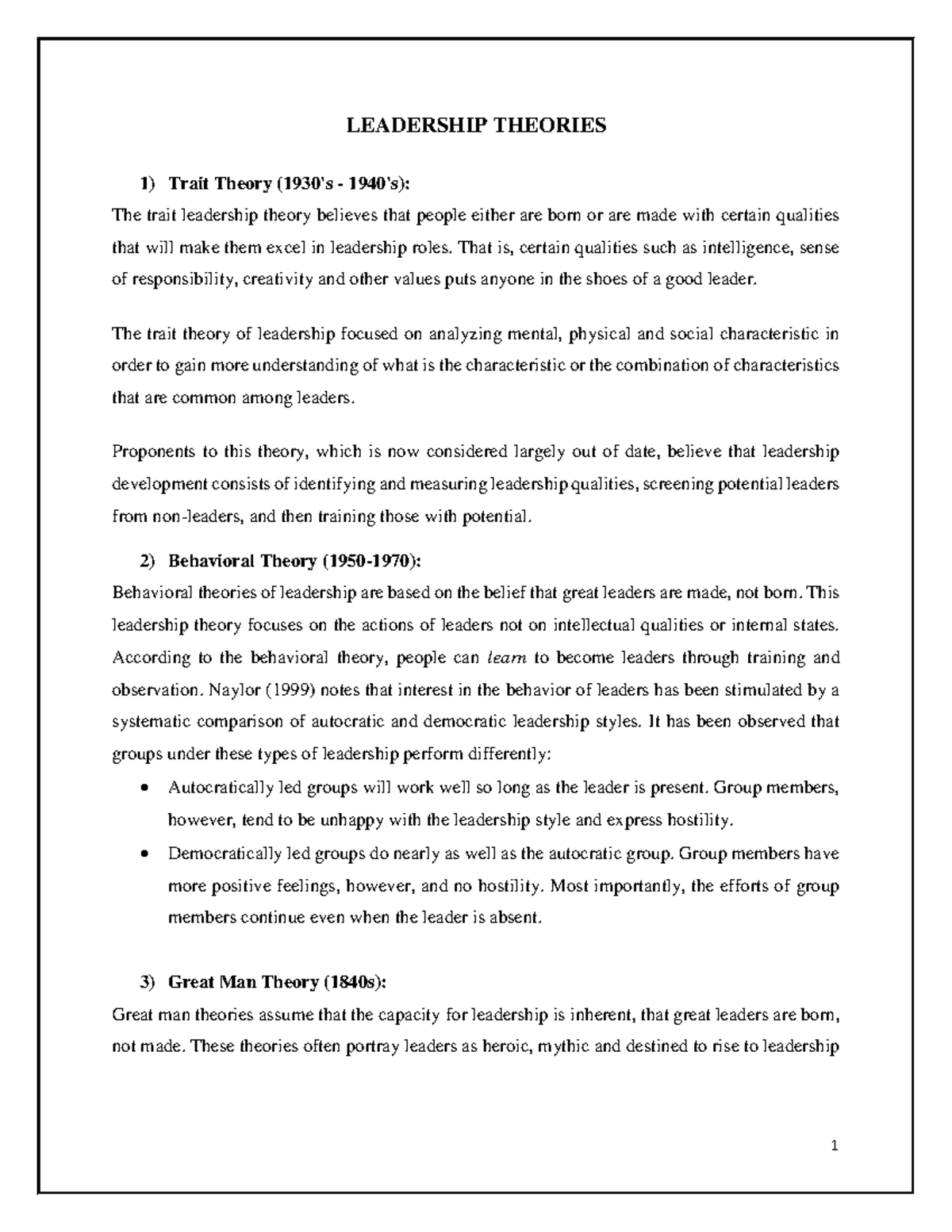 Overview of Leadership Theories: Key Concepts and Models - Studocu