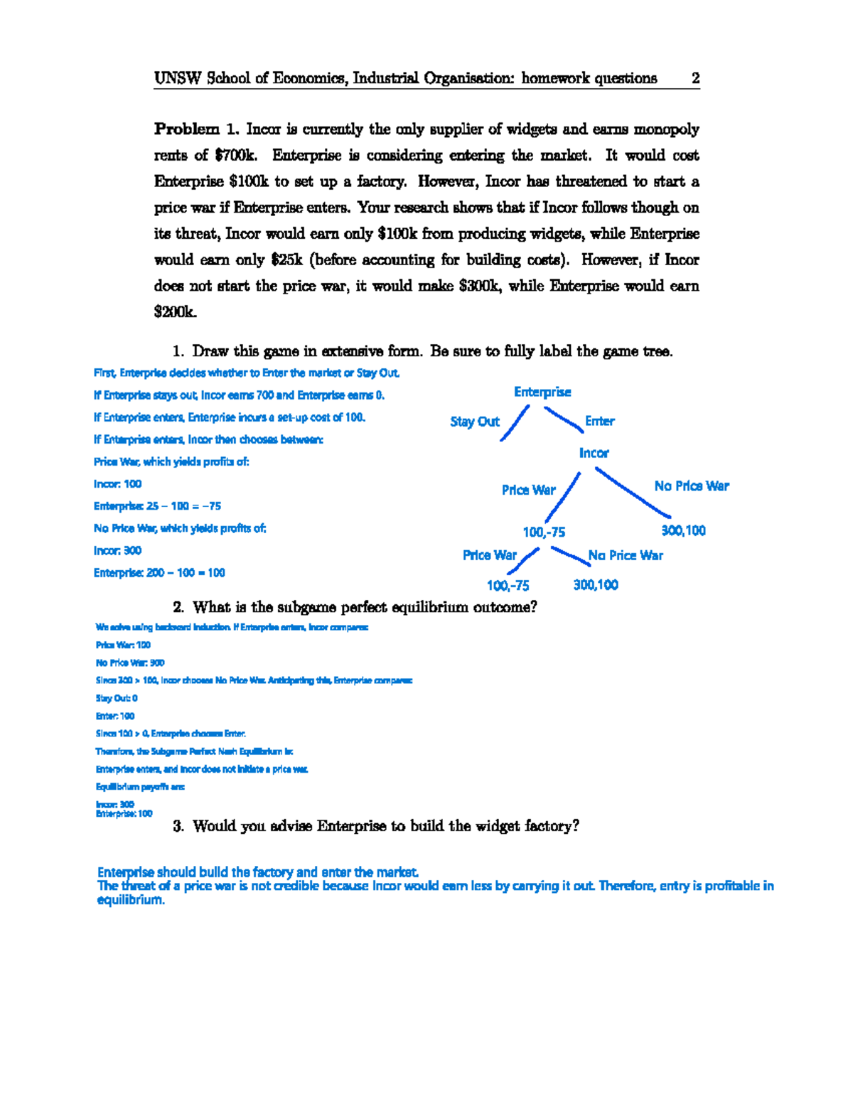UNSW Economics: Industrial Organisation Homework Questions 2 & 3 - Studocu