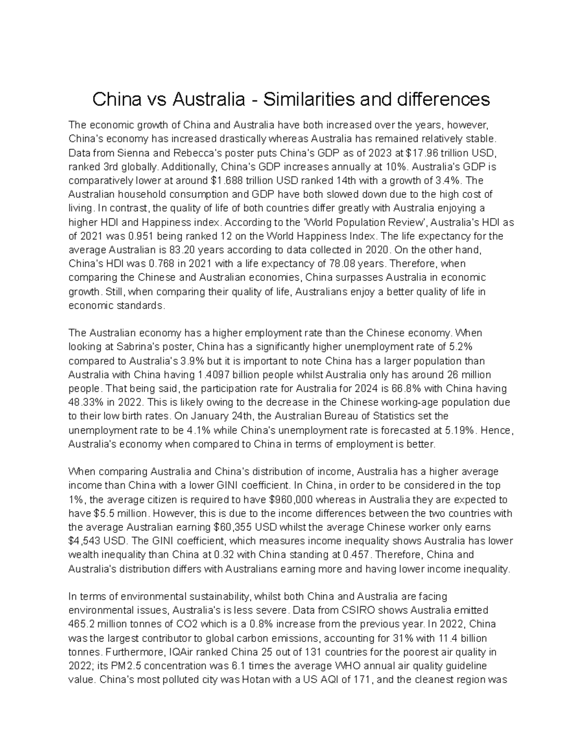 China vs Australia: Economic Growth and Quality of Life Comparison ...