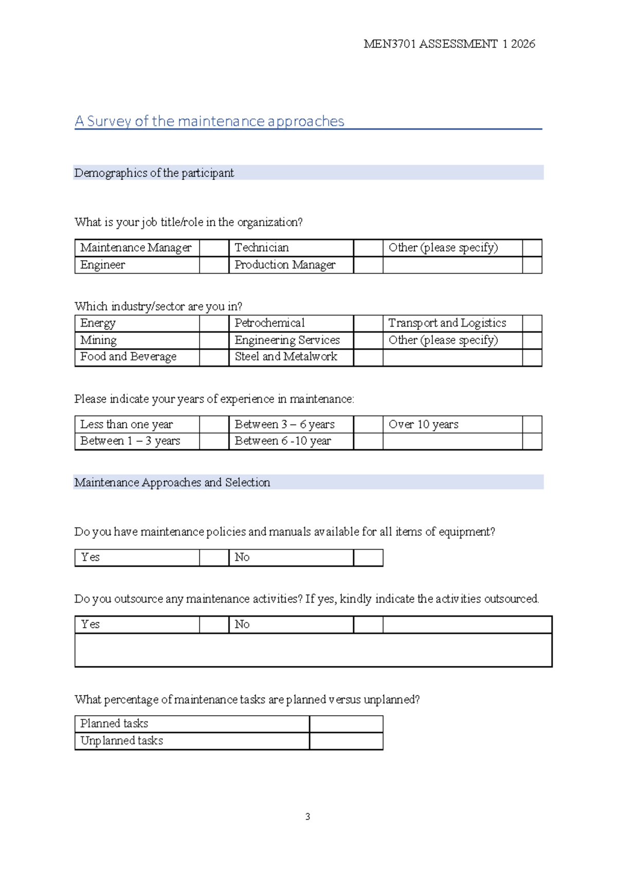 MEN3701 Assessment 1: Maintenance Approaches Survey Questionnaire - Studocu