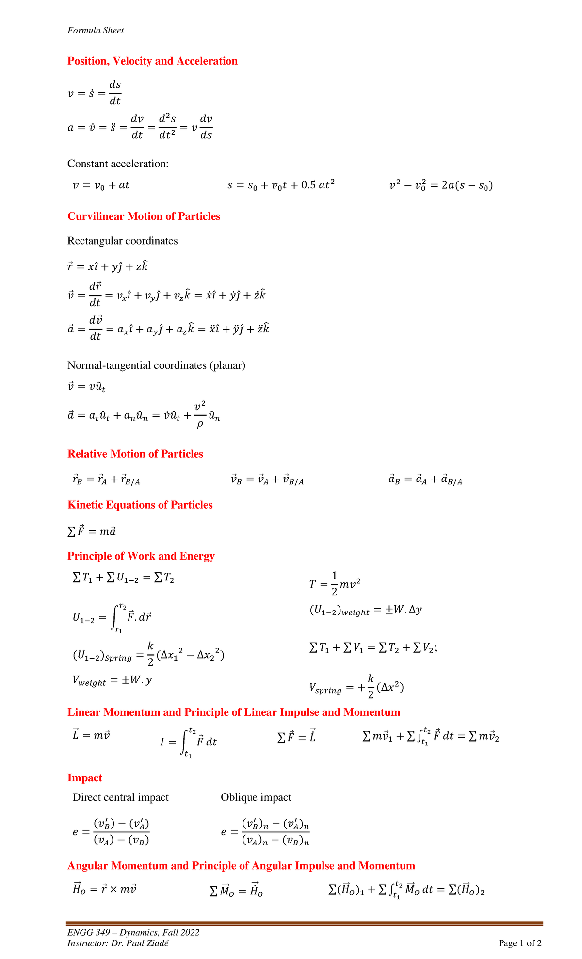 ENGG 349 Formula Sheet: Dynamics Concepts and Equations - Studocu