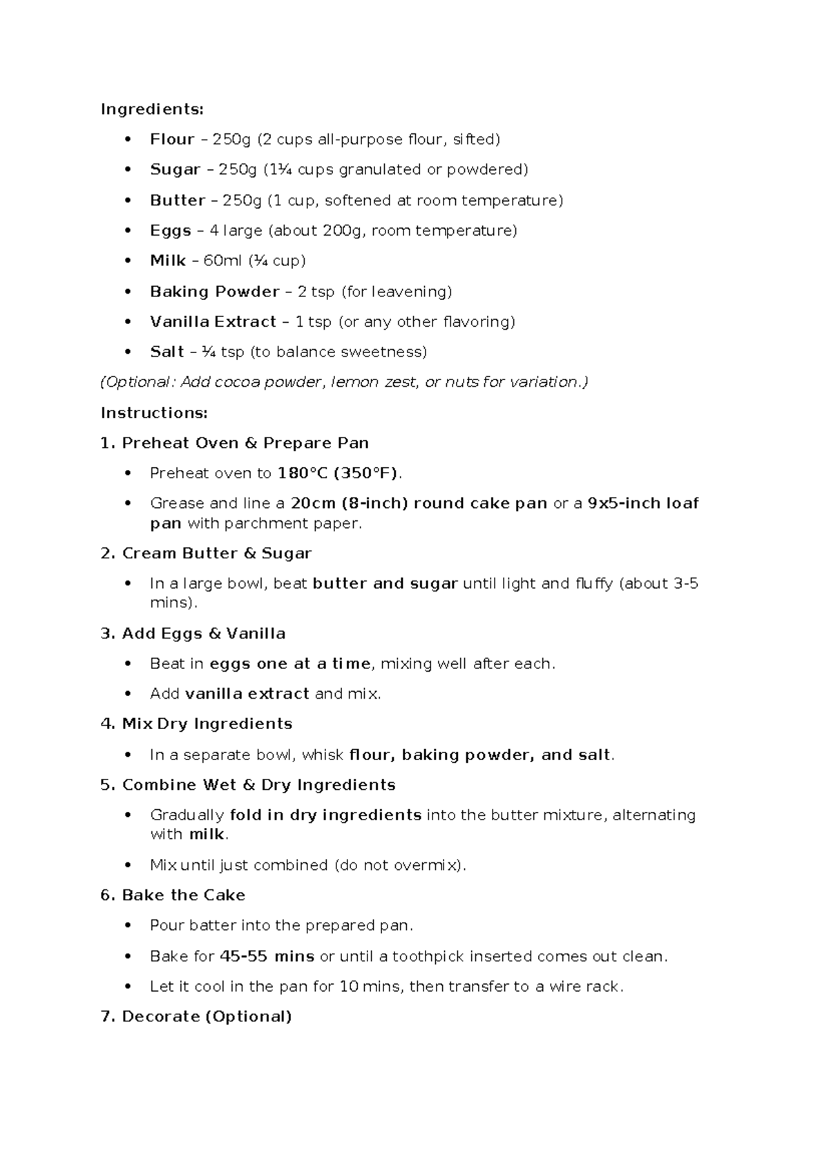 Cake Recipe: Essential Ingredients and Instructions - Studocu