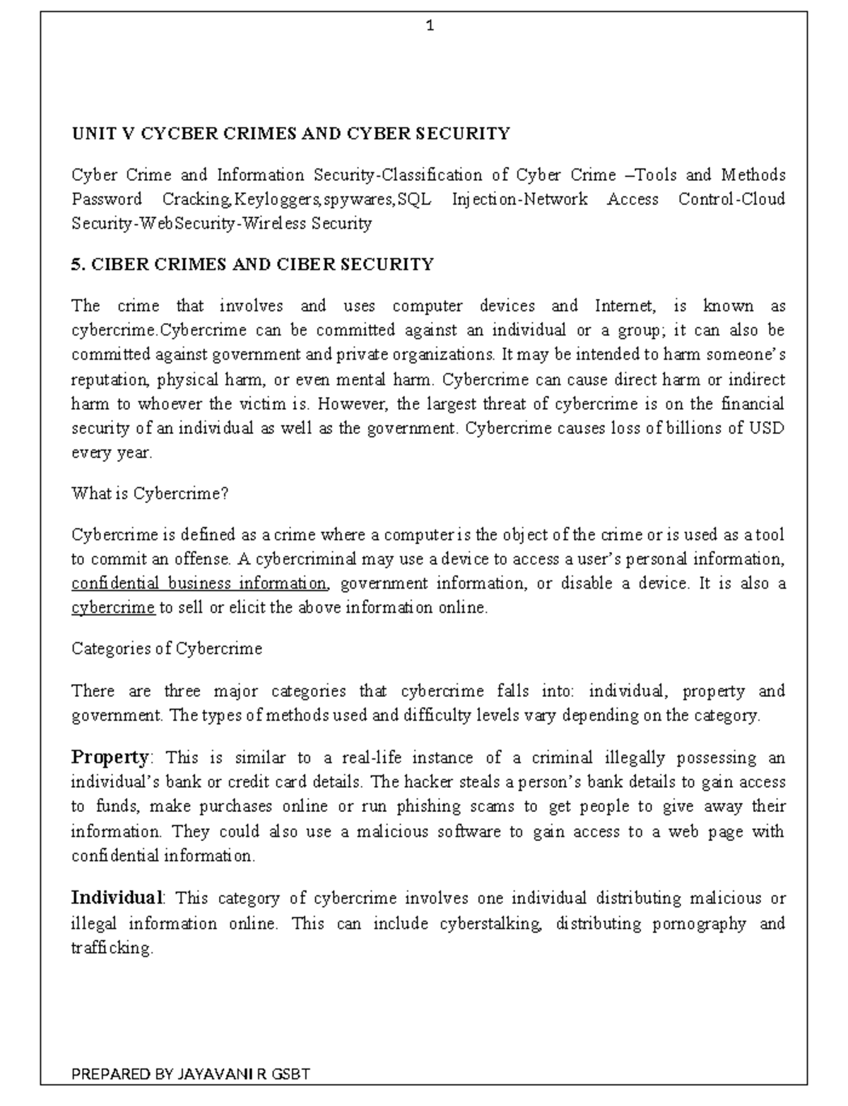 CNS UNIT 5 - UNIT V CYCBER CRIMES AND CYBER SECURITY Cyber Crime and ...