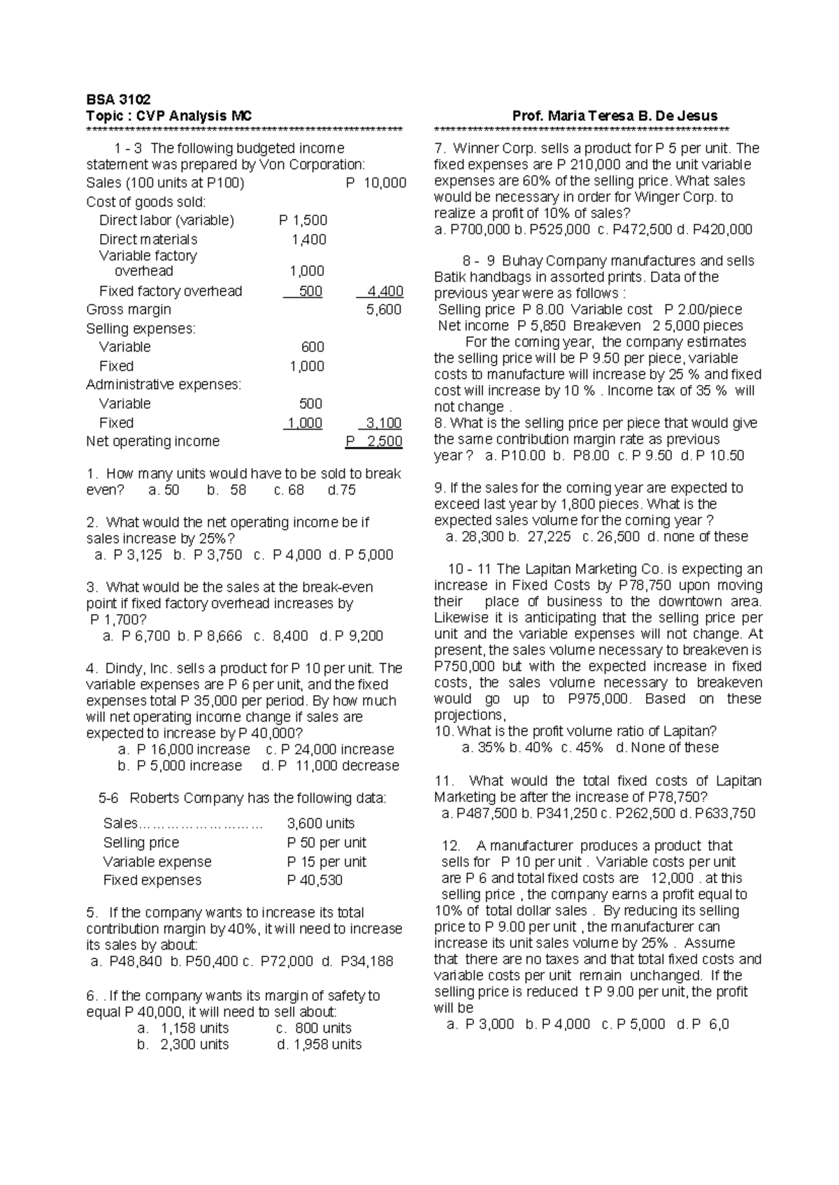 BSA 3102 CVP Analysis Multiple Choice Questions - Studocu