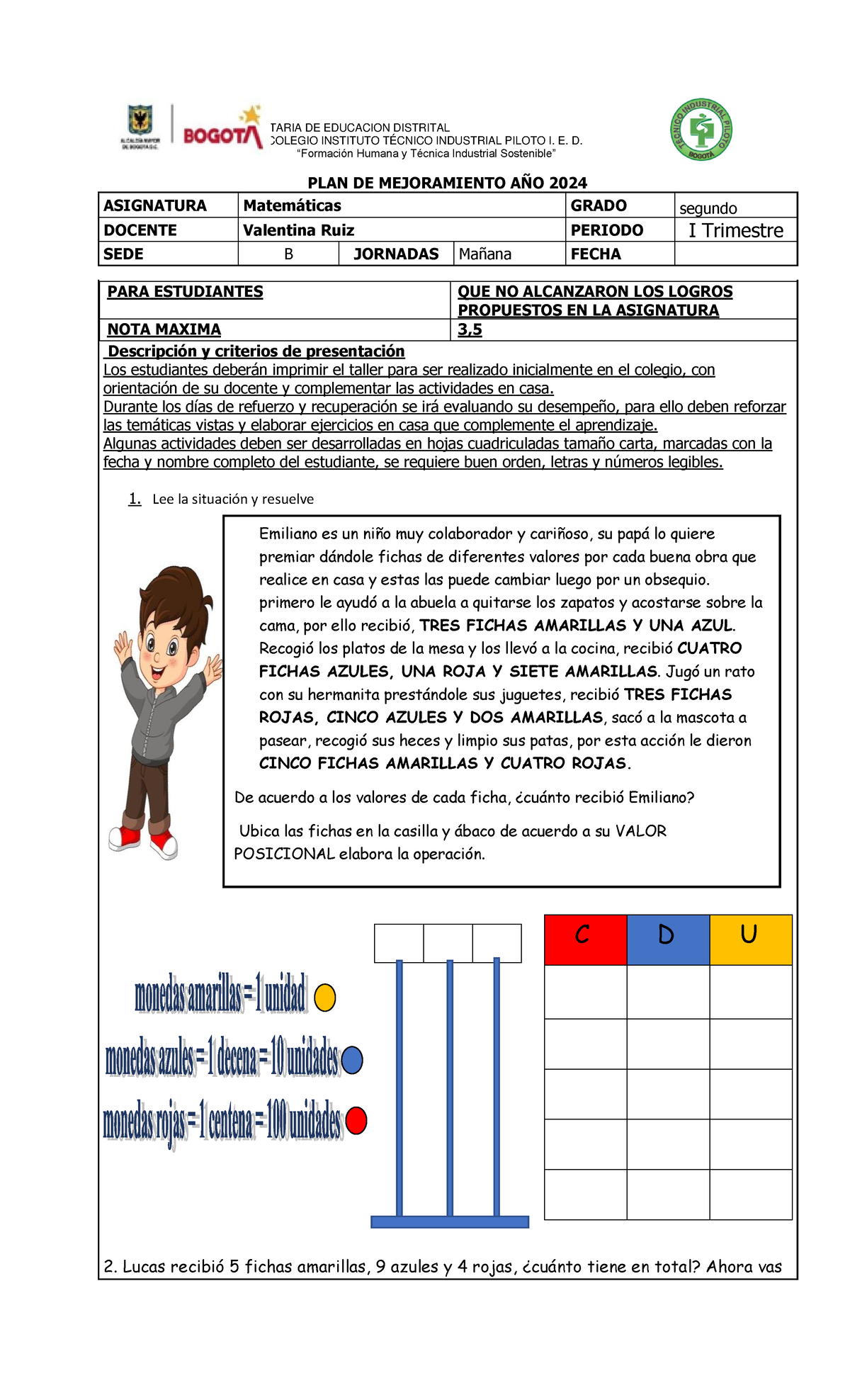 PLAN DE MEJORAMIENTO MATEMÁTICAS GRADO SEGUNDO PERIODO I 2024 - Studocu