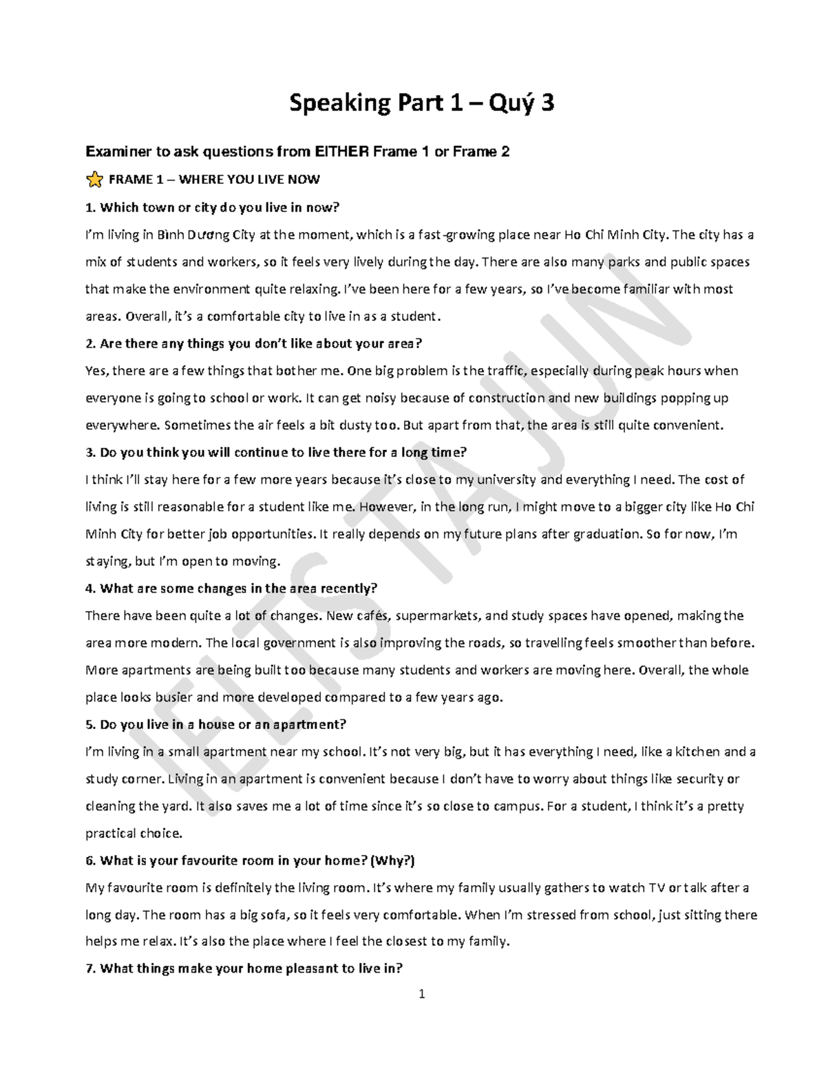 Speaking Part 1 Practice Guide for English Learners - Studocu
