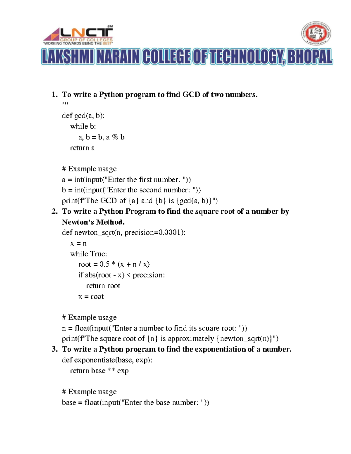 Experiment LIST Python AIDS 3 C - 1. To write a Python program to find ...