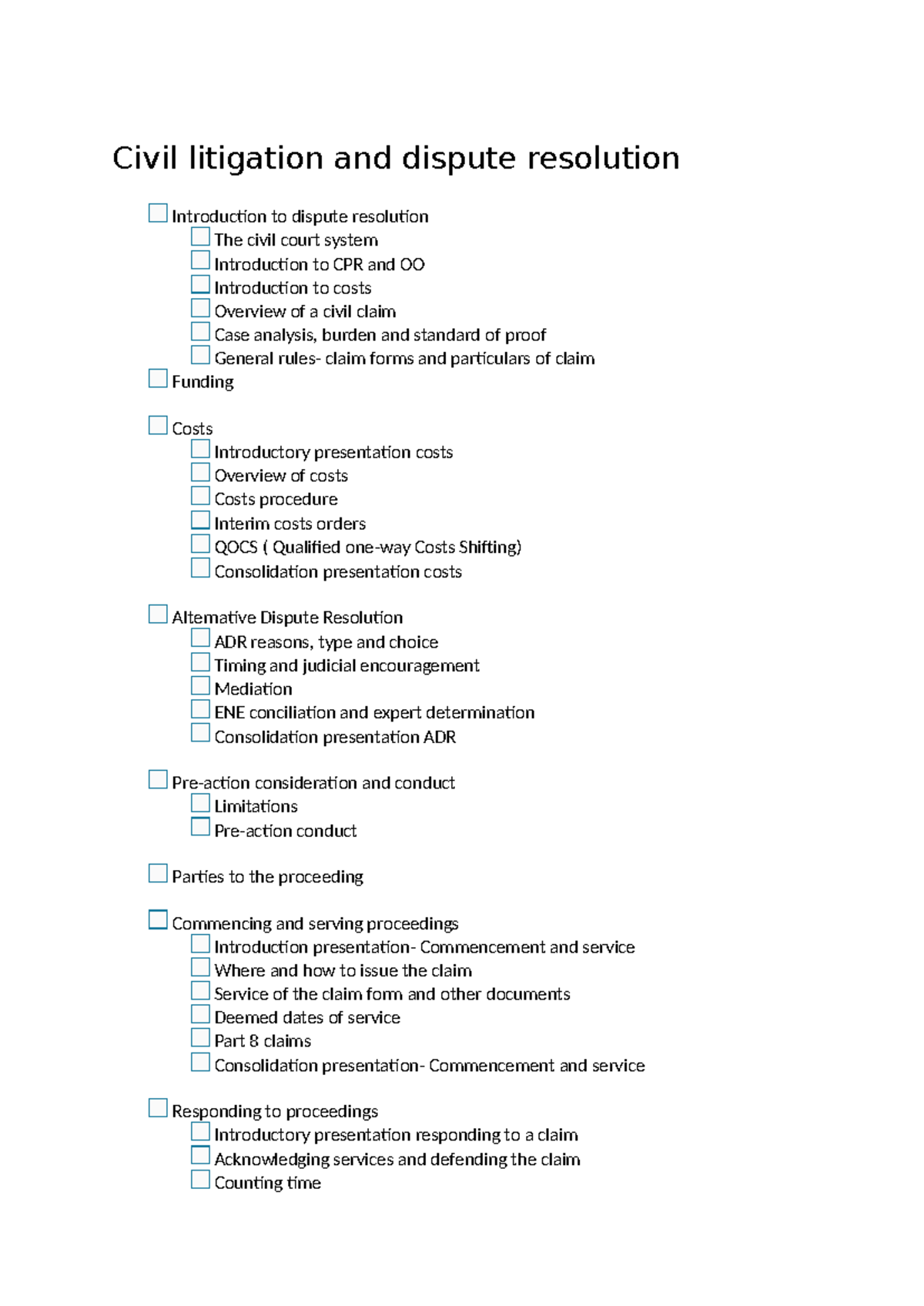 Civil Litigation Checklist: Key Concepts & Procedures - Studocu