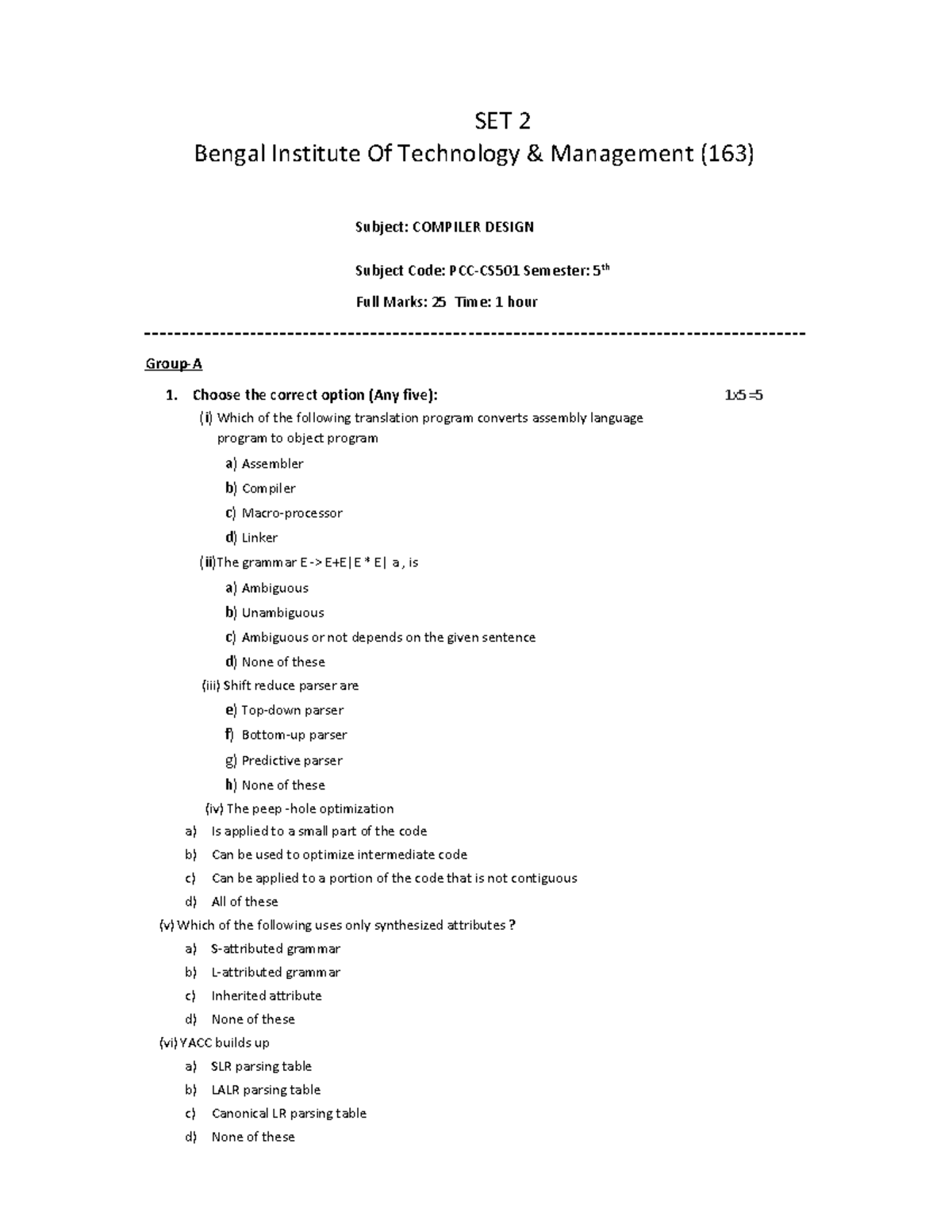 PCC-CS501 Compiler Design Set 2 Questions and Answers - Studocu