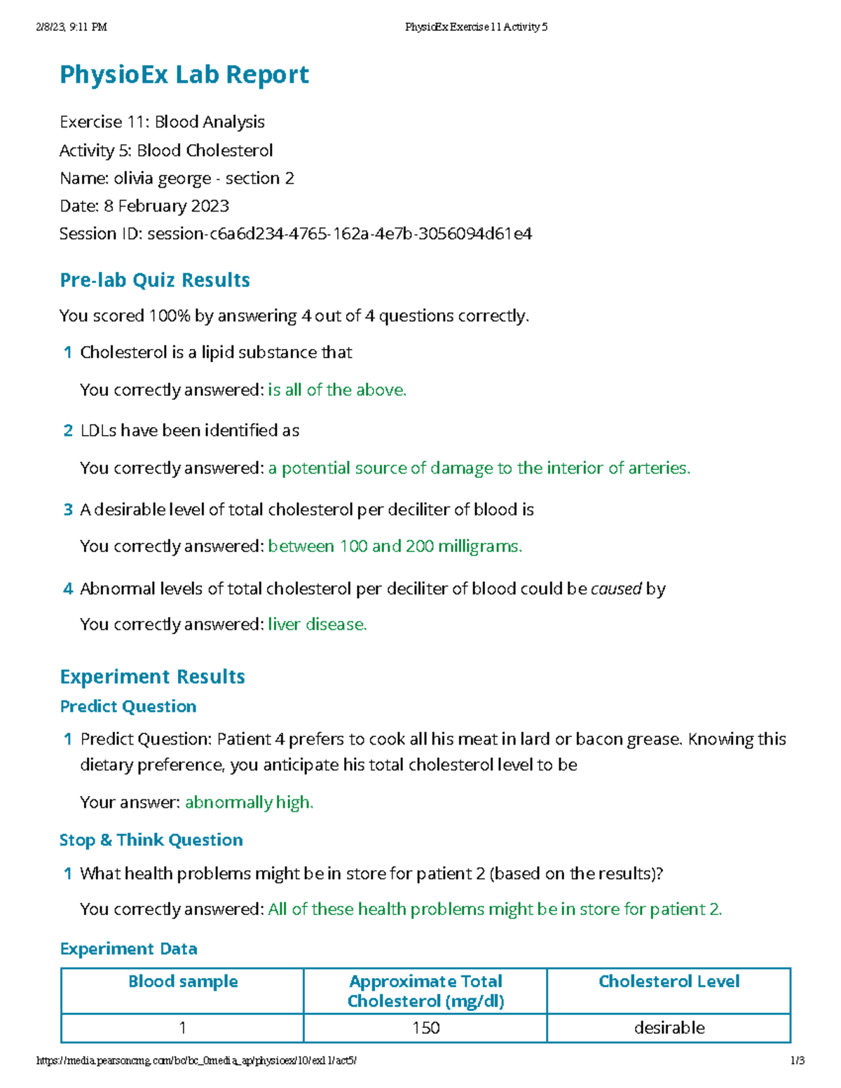 PhysioEx 11: Blood Cholesterol Analysis Activity Lab Report - Studocu