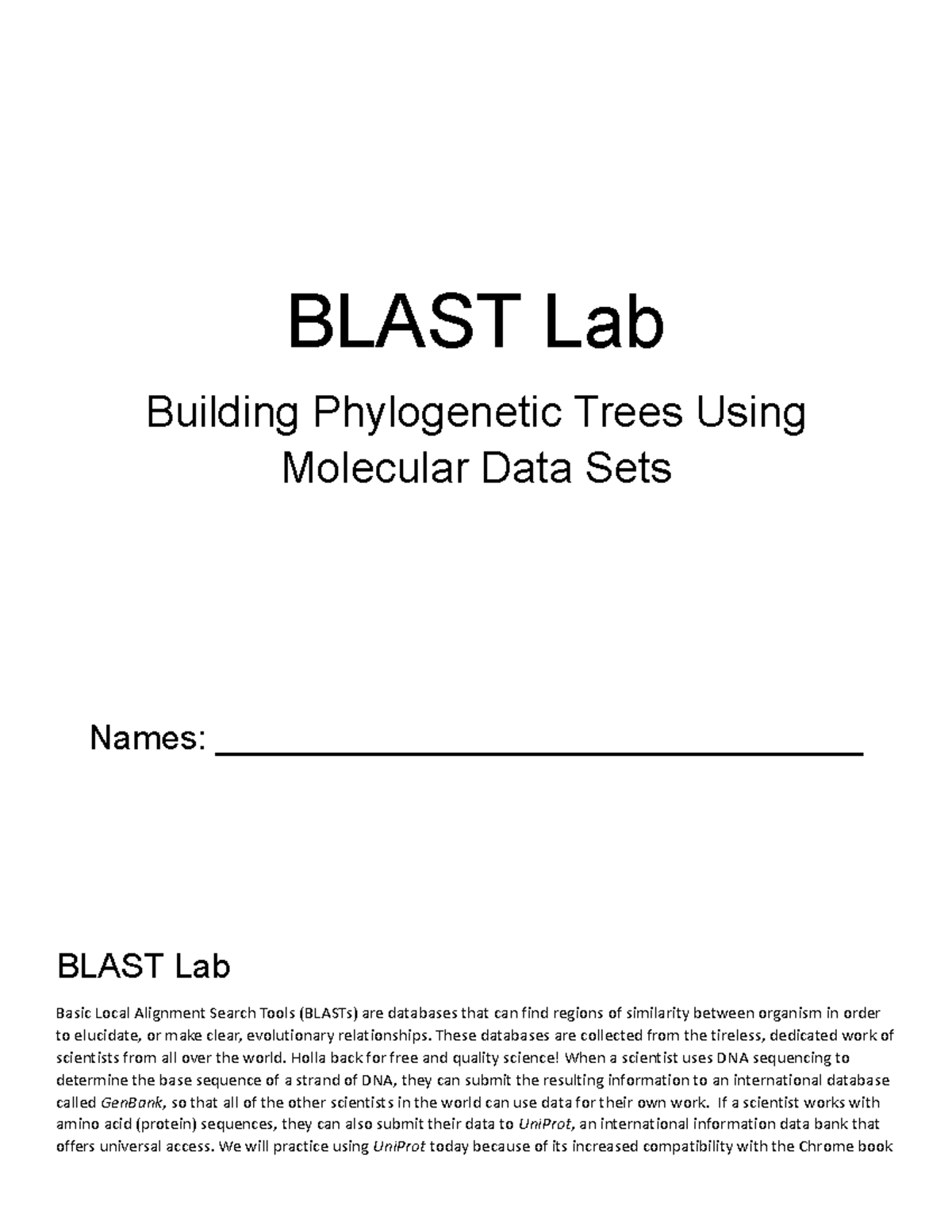 BLAST Lab: Building Phylogenetic Trees with Molecular Data Sets - Studocu