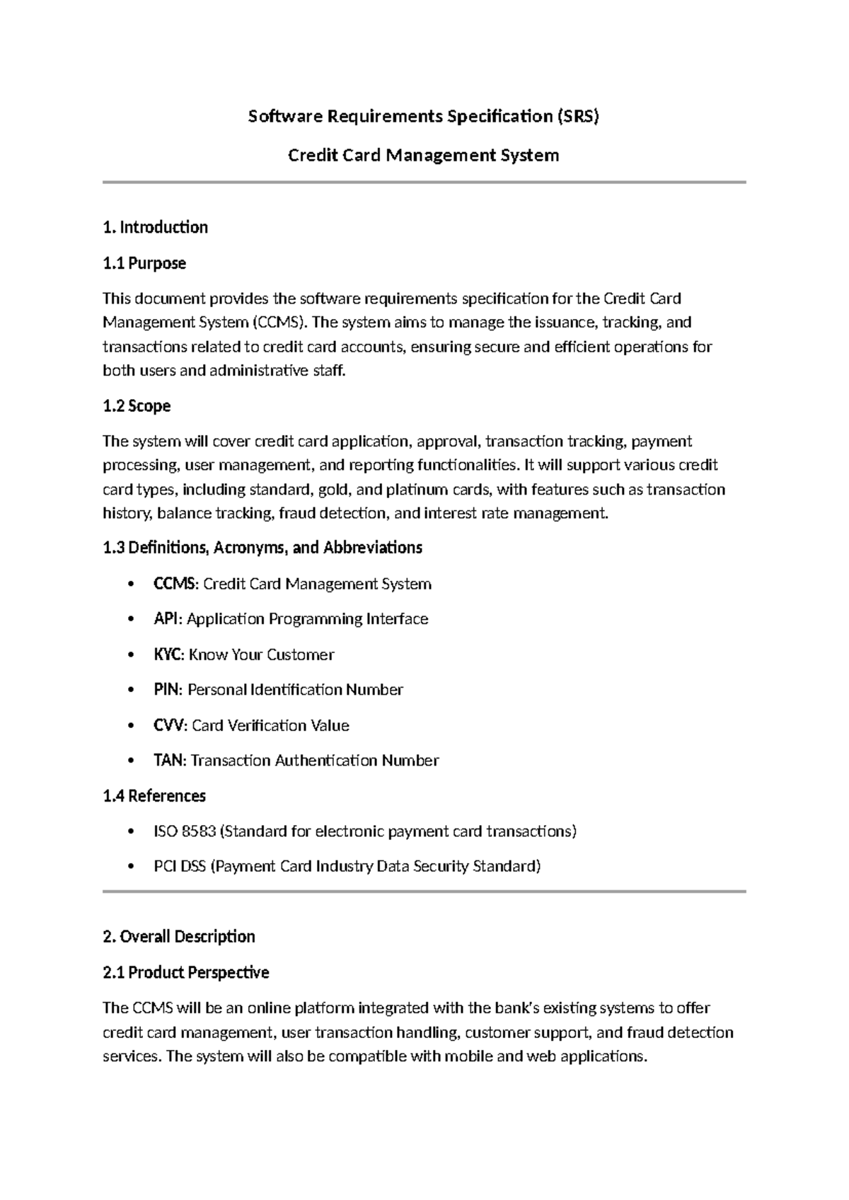 SRS for CCMS: Credit Card Management System Overview and Features - Studocu