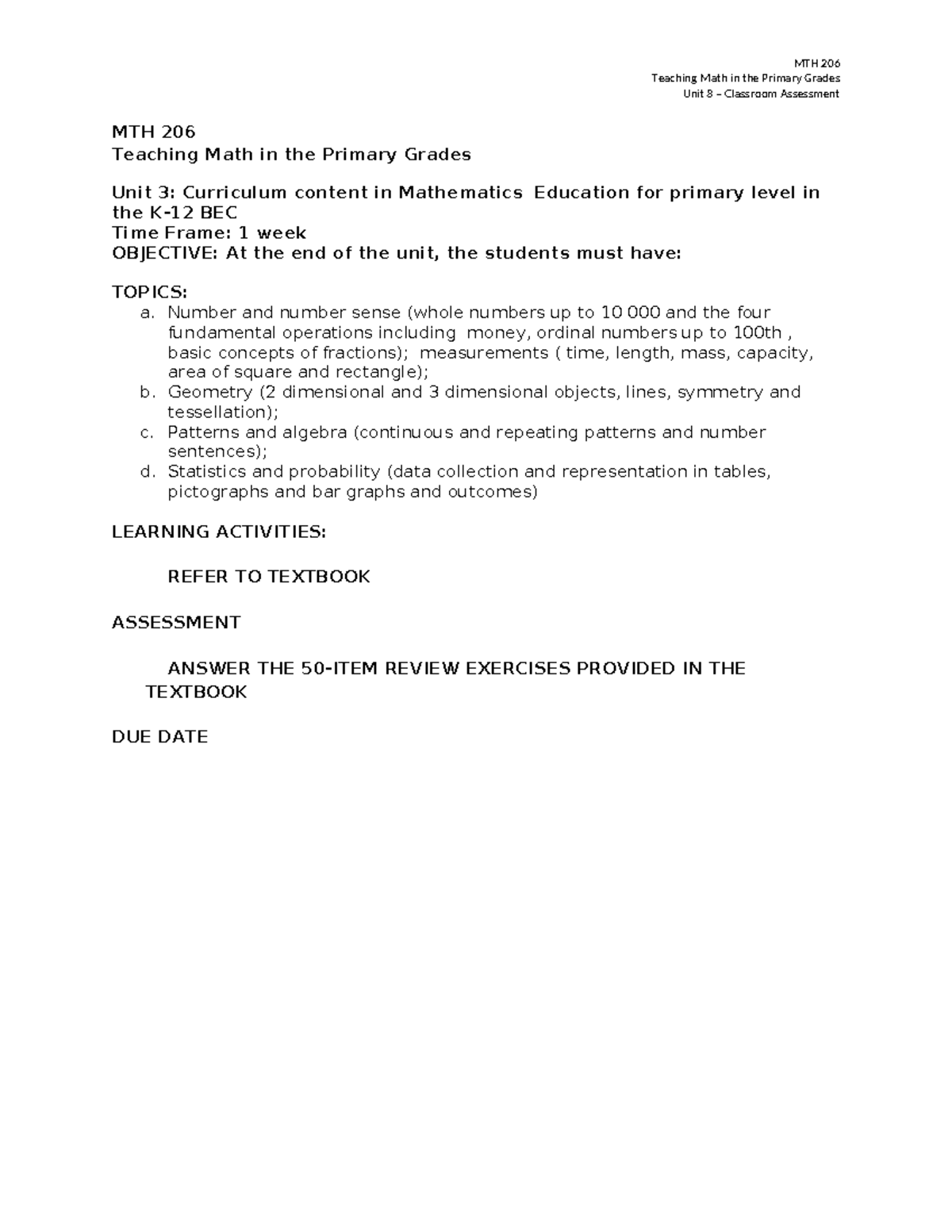 MTH 206: Classroom Assessment and Curriculum in K-12 Math Education ...