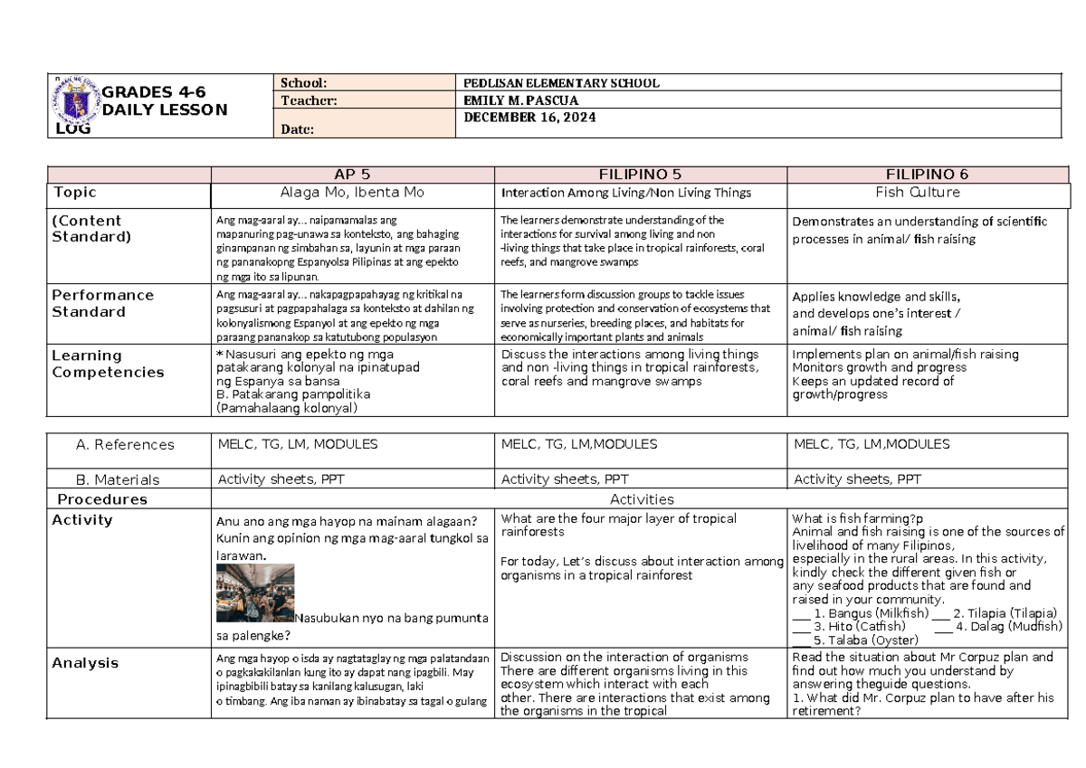 Daily lesson plan for grades 4-6: Interaction among living/non-living ...