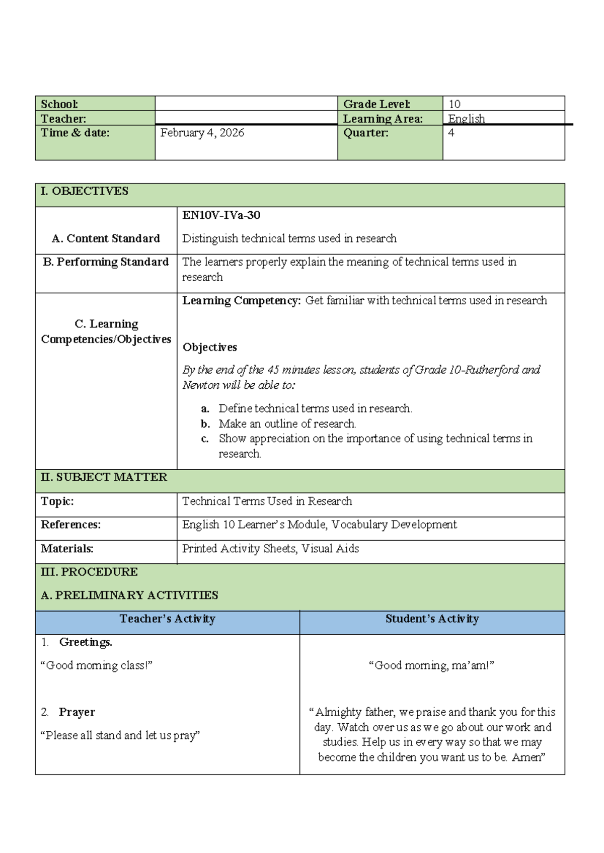 Technical Terms in Research: English 10 Lesson Plan - Studocu