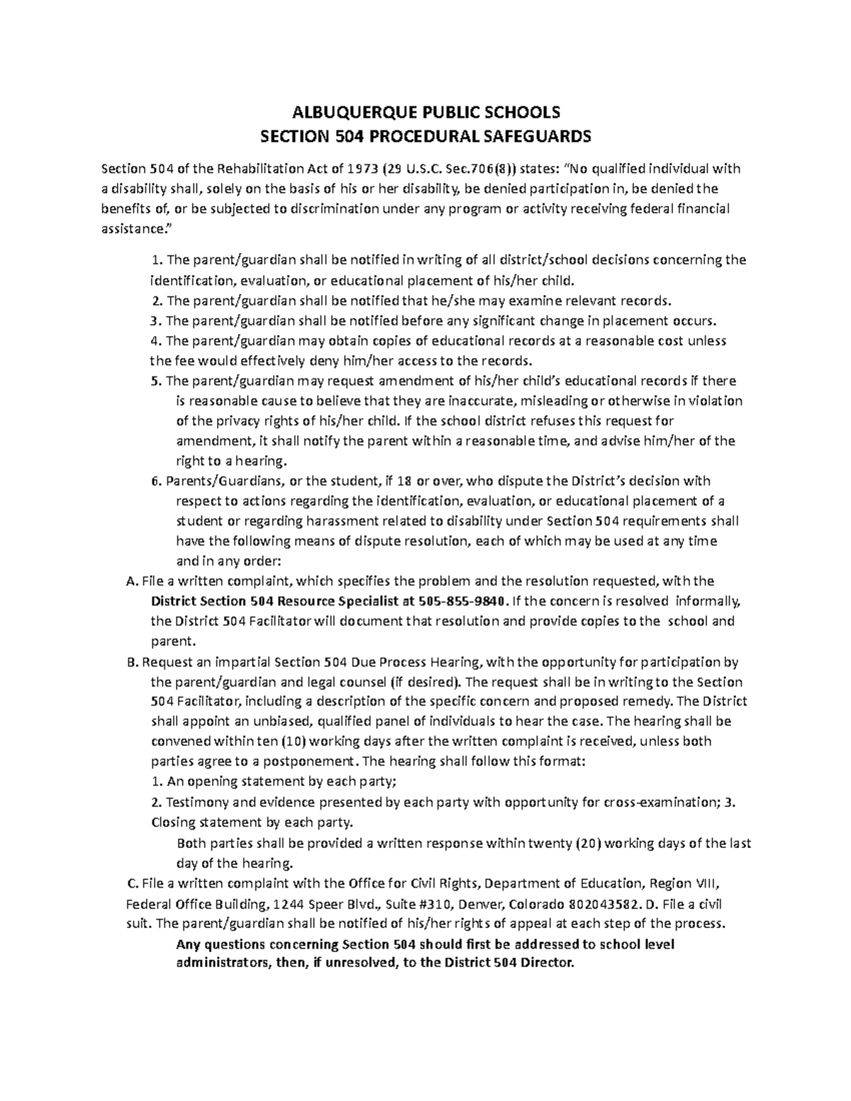 Section 504 Procedural Safeguards for Albuquerque Public Schools - Studocu