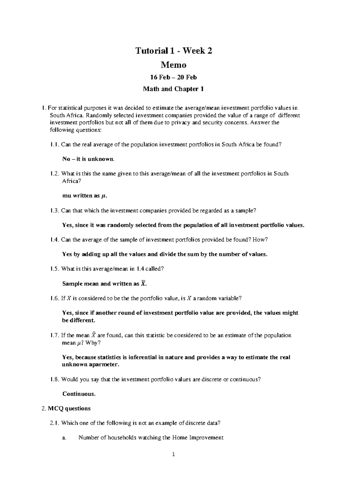 STC101 Tutorial 1 Week 2 Memo (16-20 Feb 2026) on Investment Portfolios ...