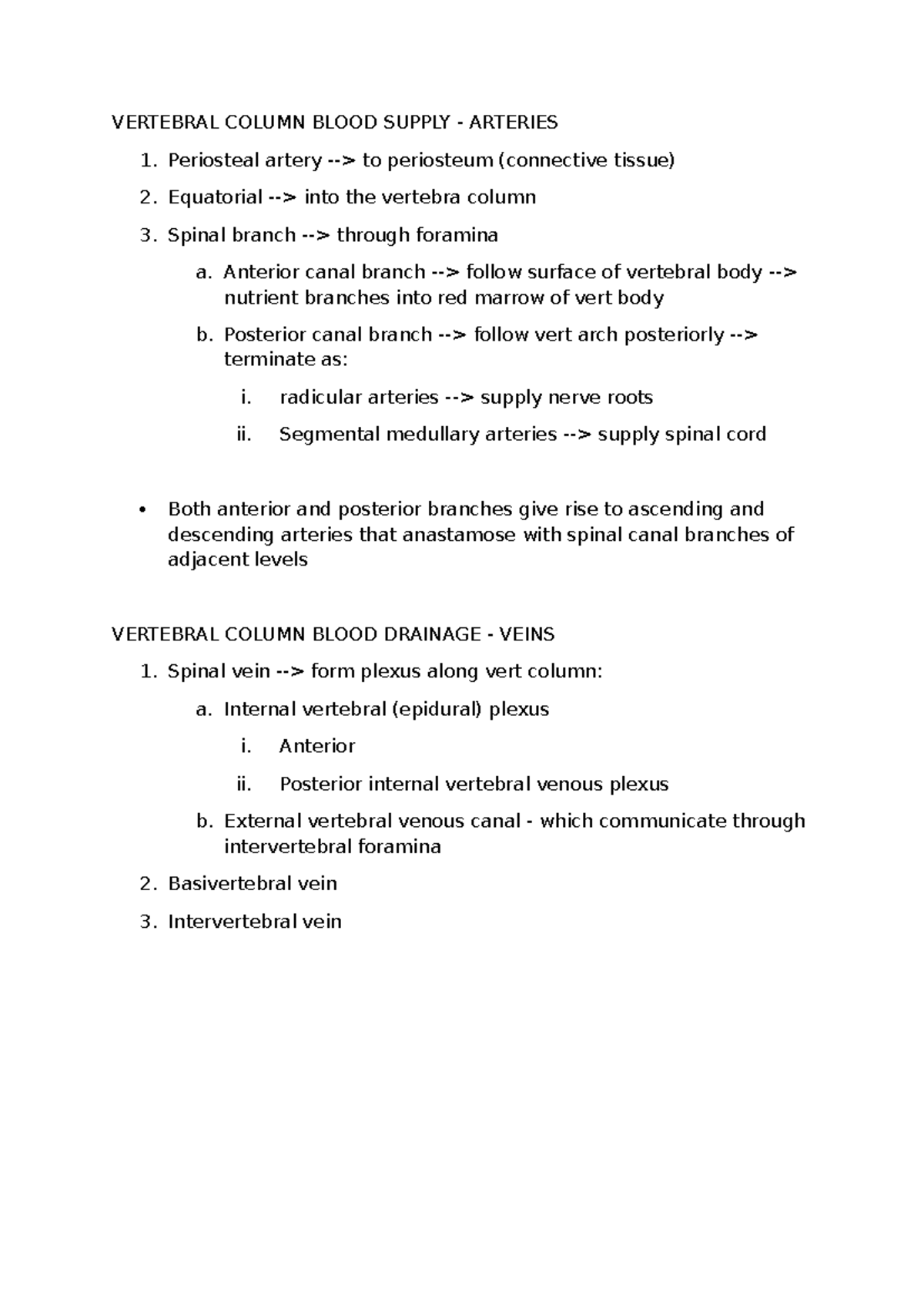 Vertebral Column Blood Supply & Drainage Overview - Studocu