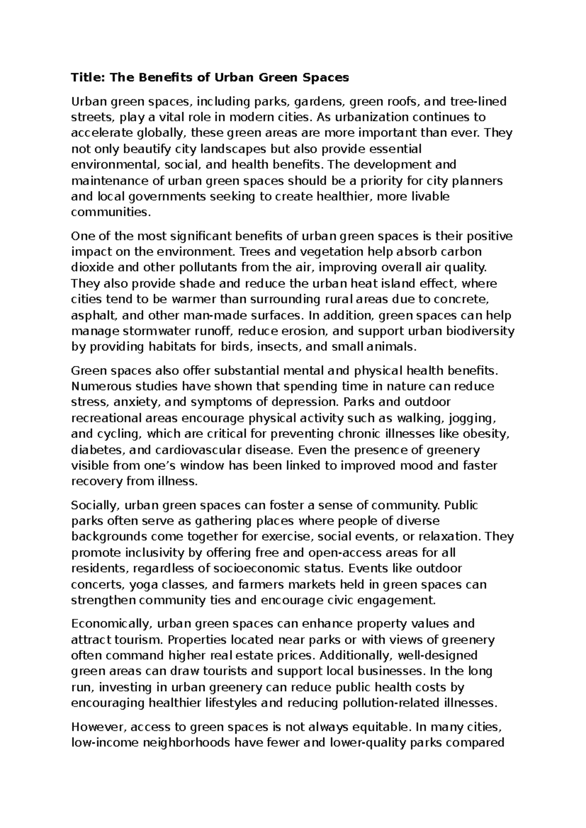Title: Assignment 143 - The Importance of Urban Green Spaces in Cities ...