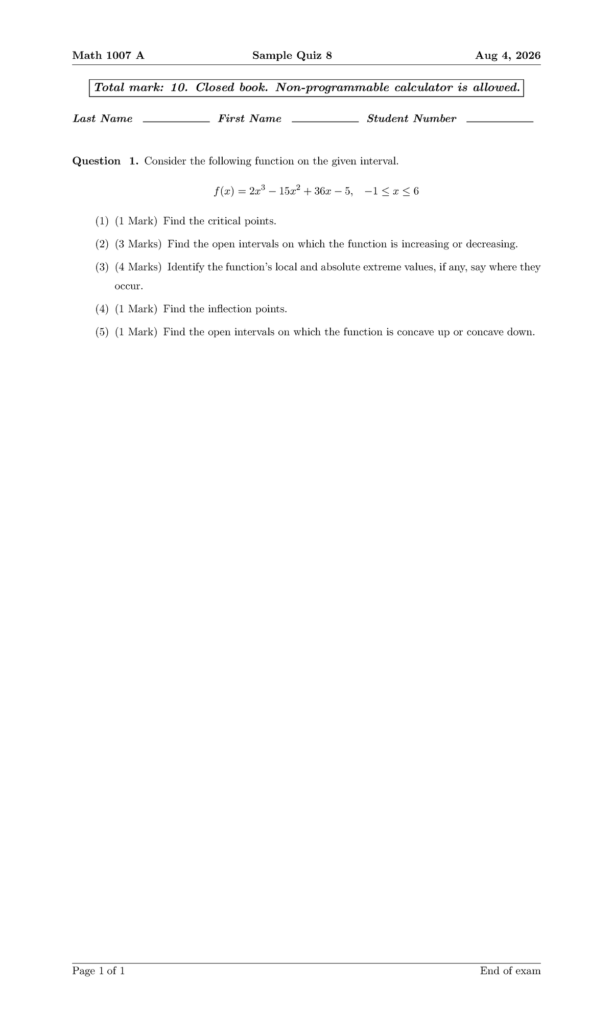 Math 1007 Sample Quiz 8 - Function Analysis and Critical Points - Studocu