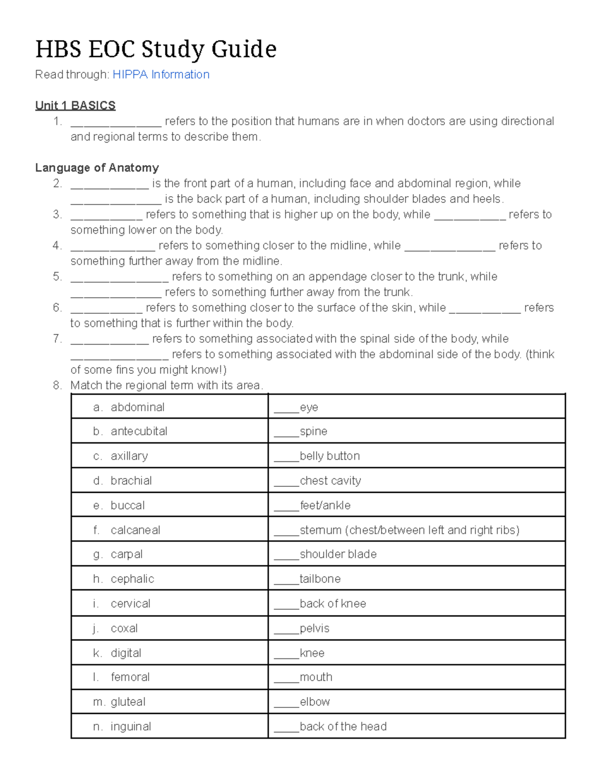 HBS EOC Study Guide: Anatomy, Physiology, and Systems Overview 2024 ...