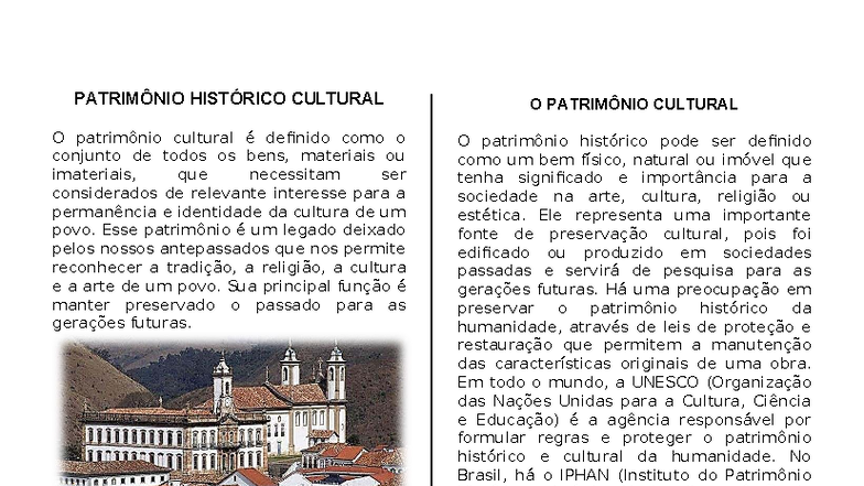 Patrimônio Histórico Cultural: Definições e Importância - Studocu