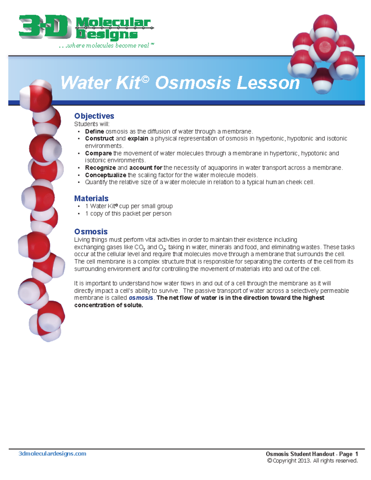 Osmosis Lesson-Student Handout 1 - 3dmoleculardesigns Osmosis Student ...