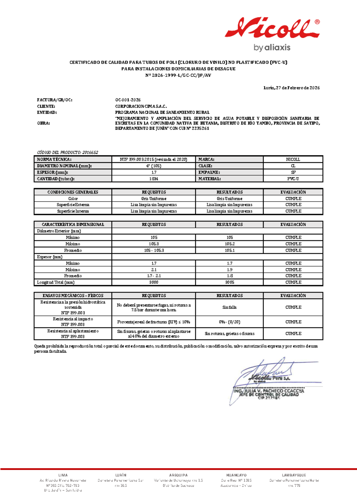 Certificado de Calidad para Tubos de PVC - CC 1999 L 2026 - Document Preview