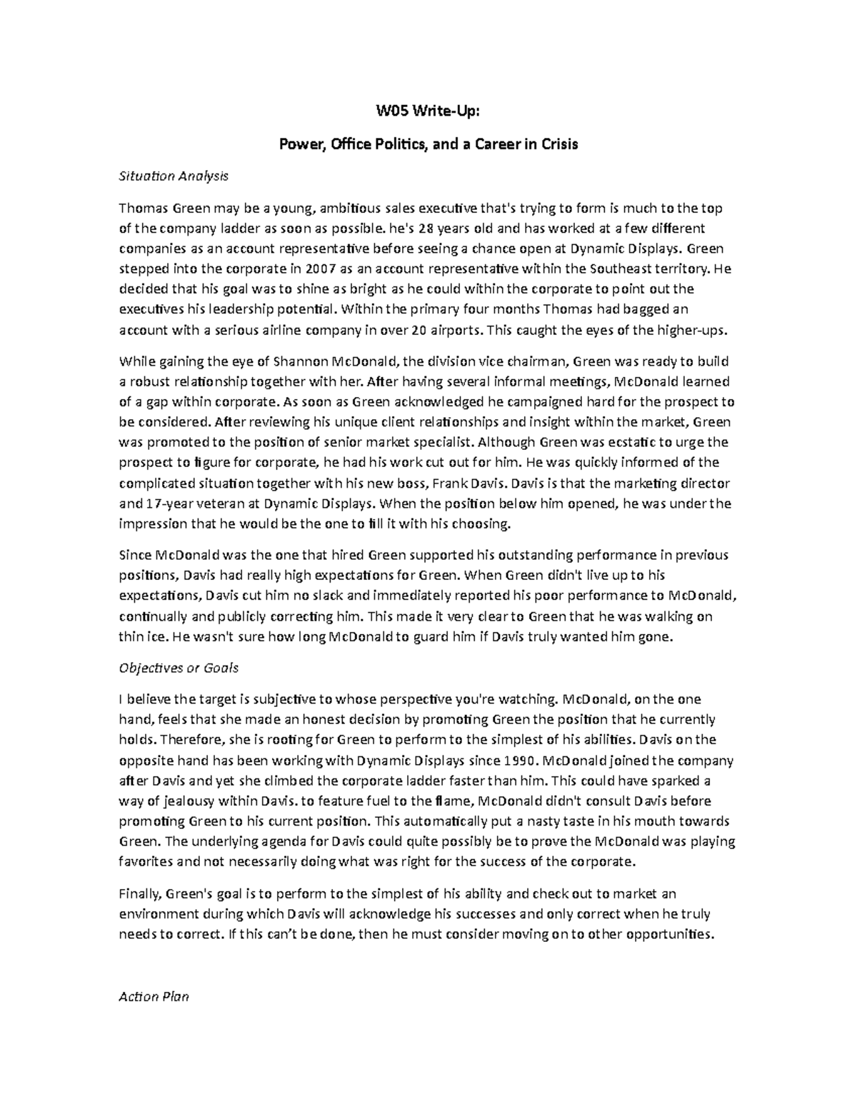 W05 Case Study: Navigating Power & Politics in a Career Crisis - Studocu
