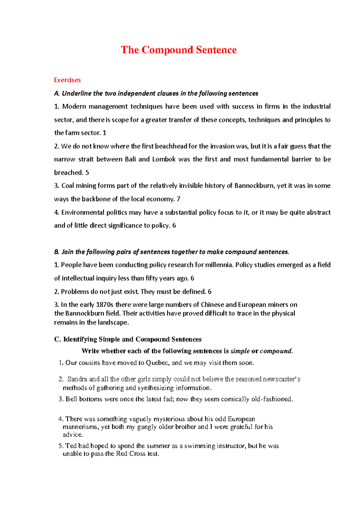 Compound Sentence Exercises for English 101 - Studocu