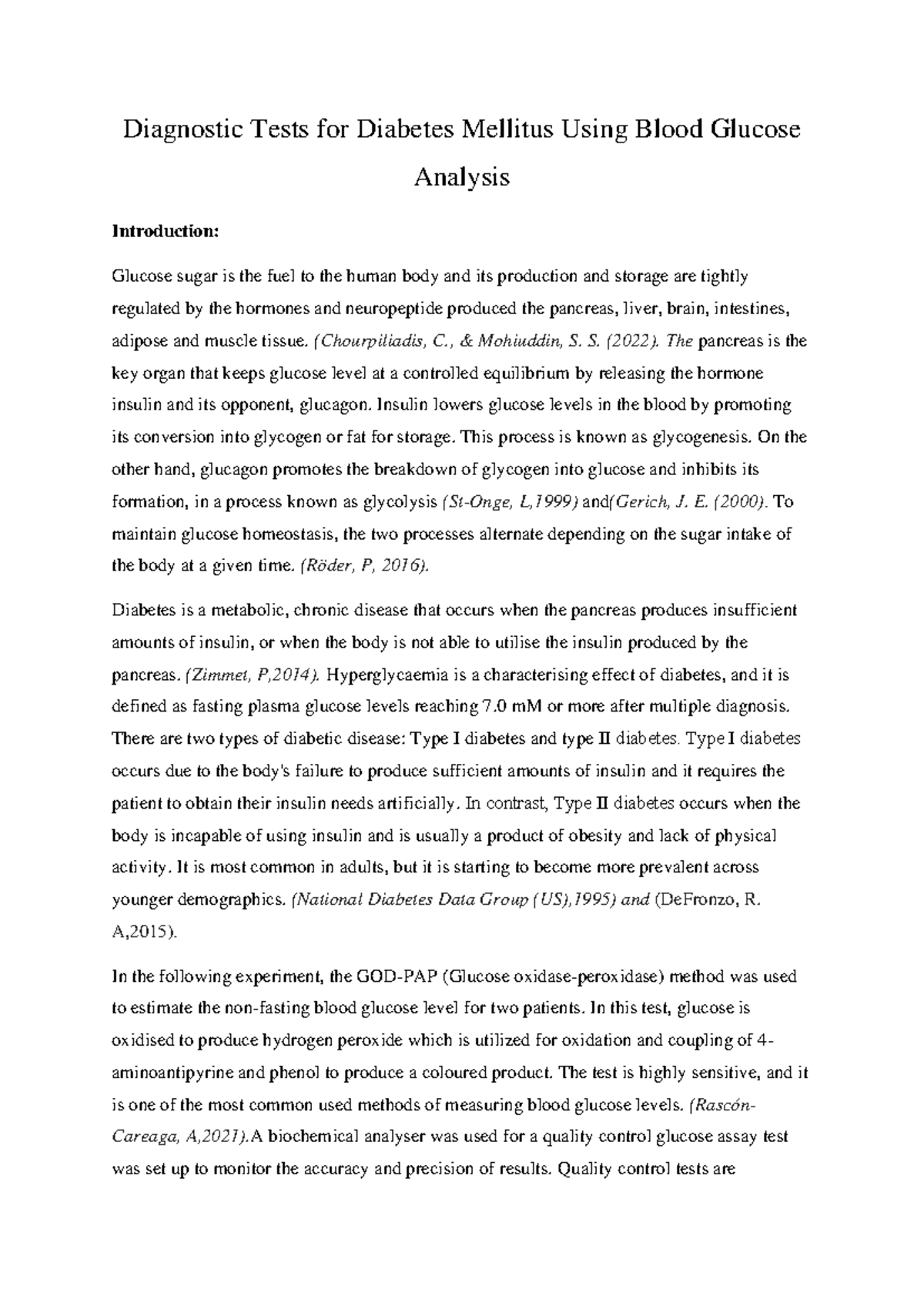 Advanced biochem - glucose report. scored 70% - Diagnostic Tests for ...