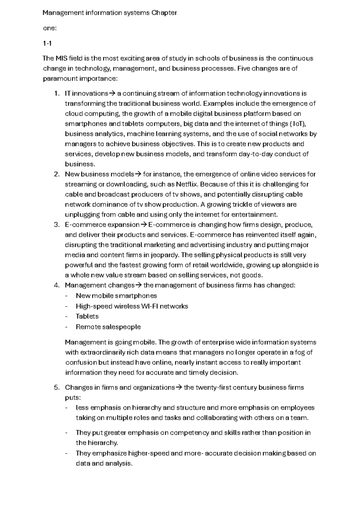 Management Information Systems (MIS) Chapter 1 Summary: Key Concepts ...