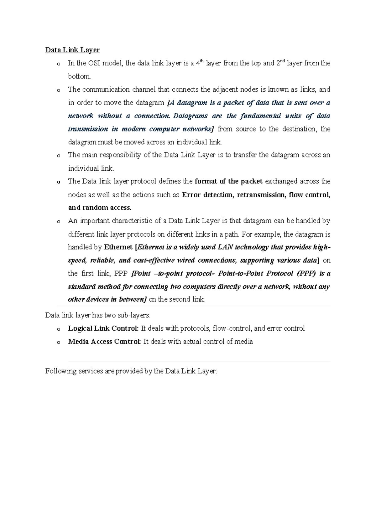 Data Link Layer - Notes - Data Link Layer o In the OSI model, the data ...