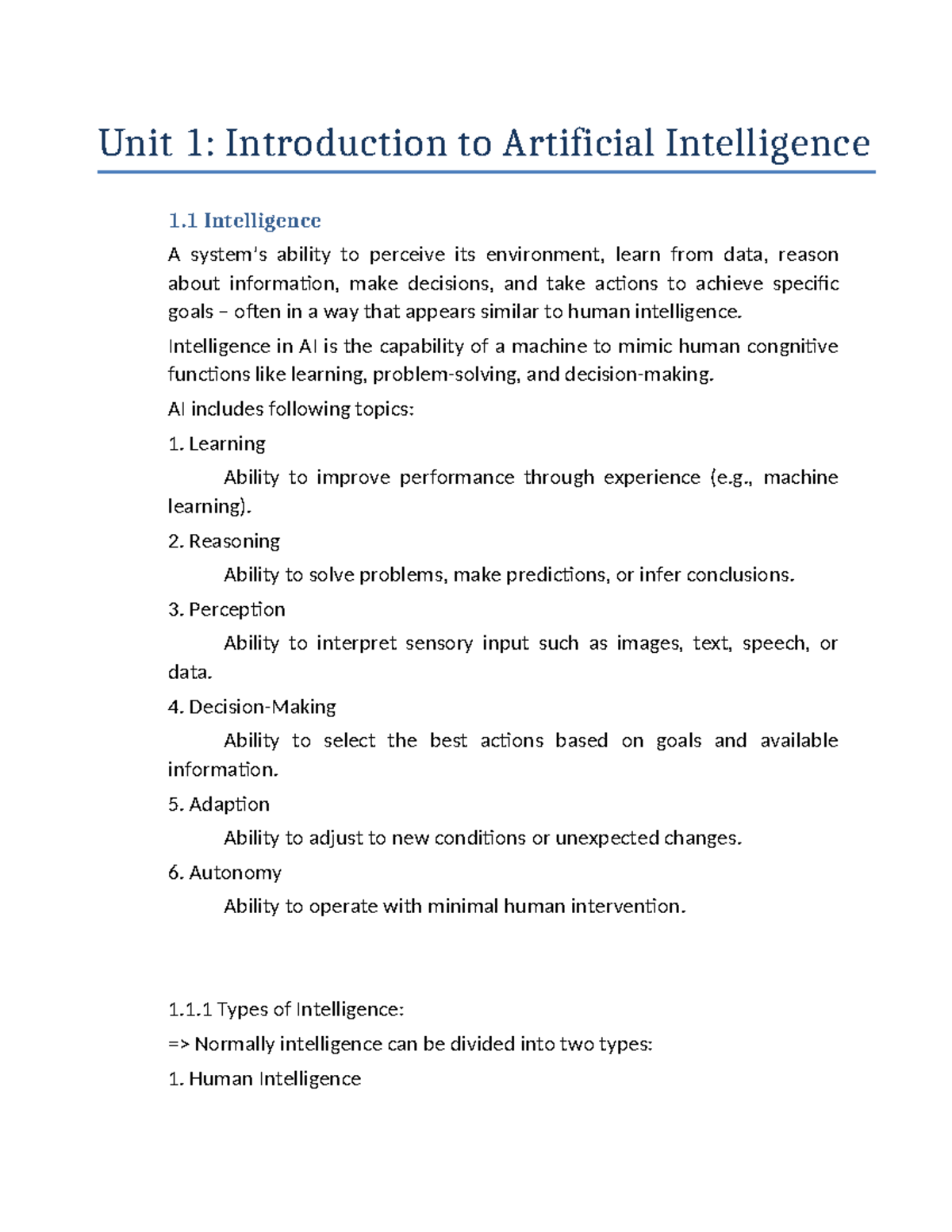 Unit 1: Intro to AI - Concepts, Types, and Ethical Implications - Studocu