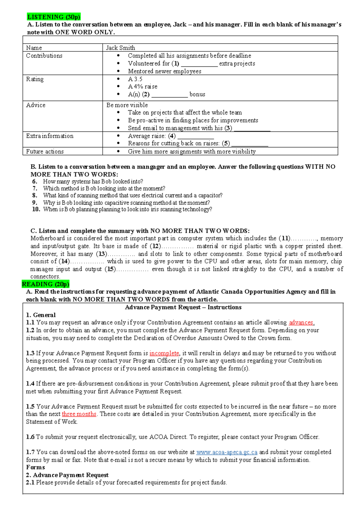 Listening and Reading Comprehension Test (30p) - Sample Test - Studocu
