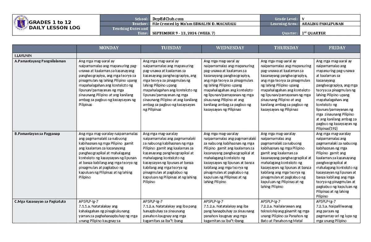 DLL ESP 5 Q1 W7 - Daily Lesson Log for Grade V - Studocu