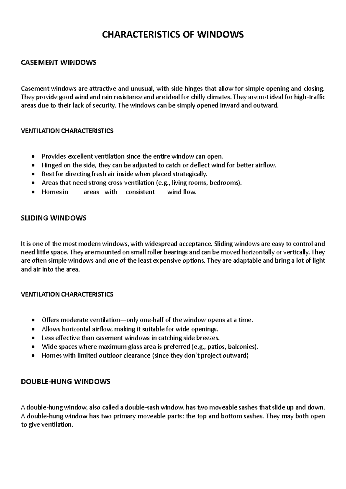 Characteristics of Windows: Types and Ventilation Features - Studocu