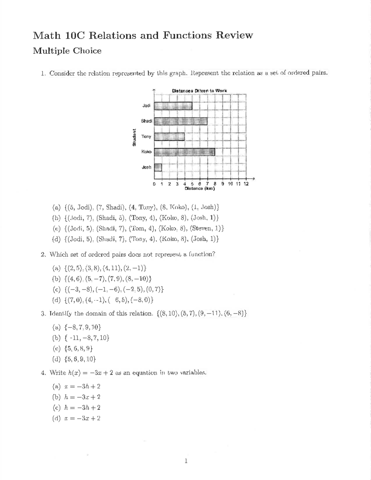 Math 10c Relations Functions Review Multiple Choice Short Answer