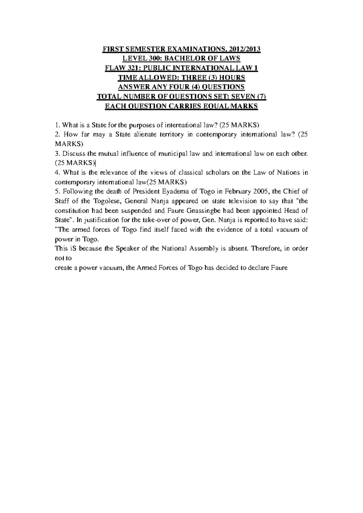 Public International Law I Past Exam Questions - FLAW 321 - Studocu