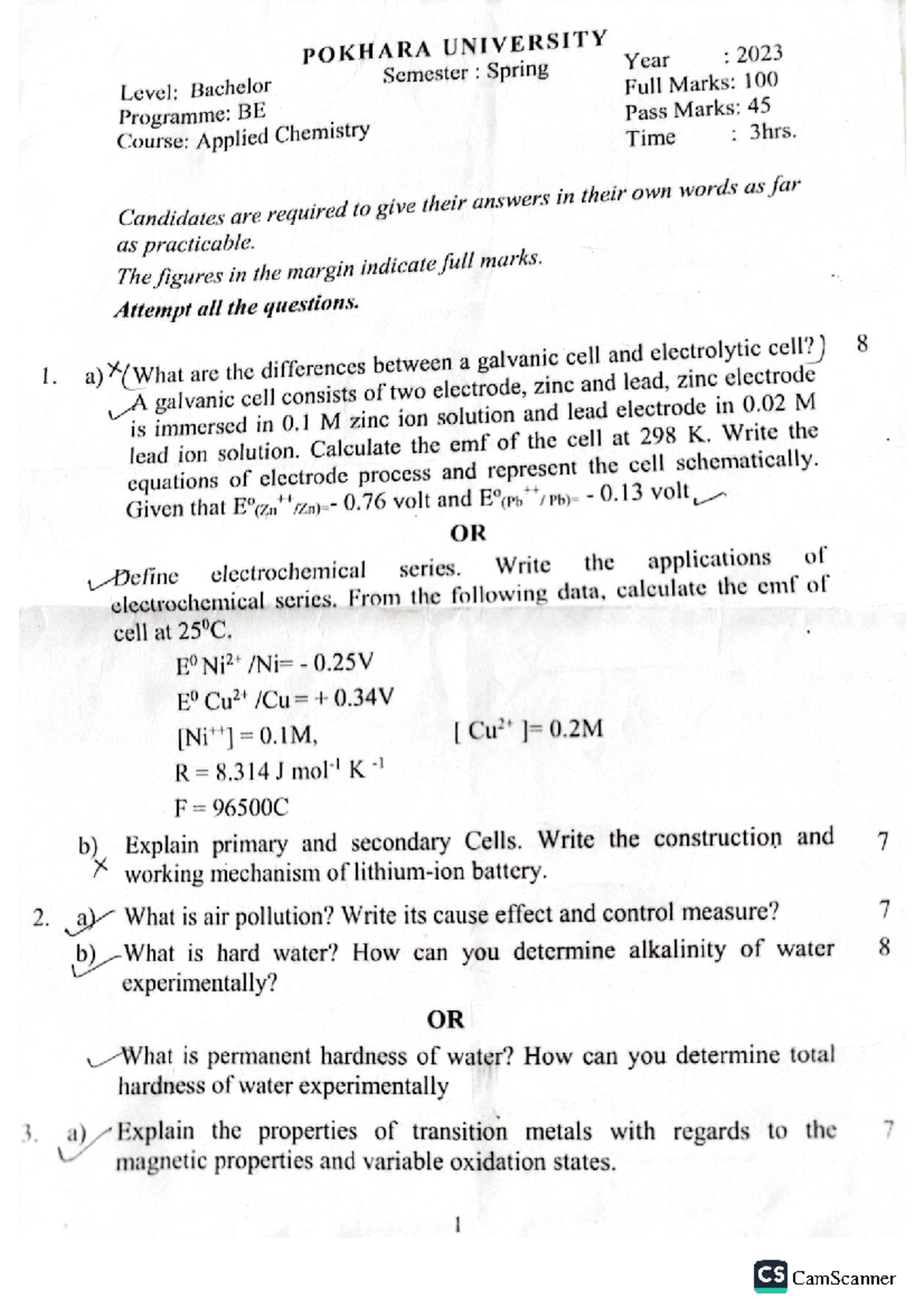 Applied Chemistry Old Questions - POKHARA UNIVERSITY BE Spring 2023 - Document Preview