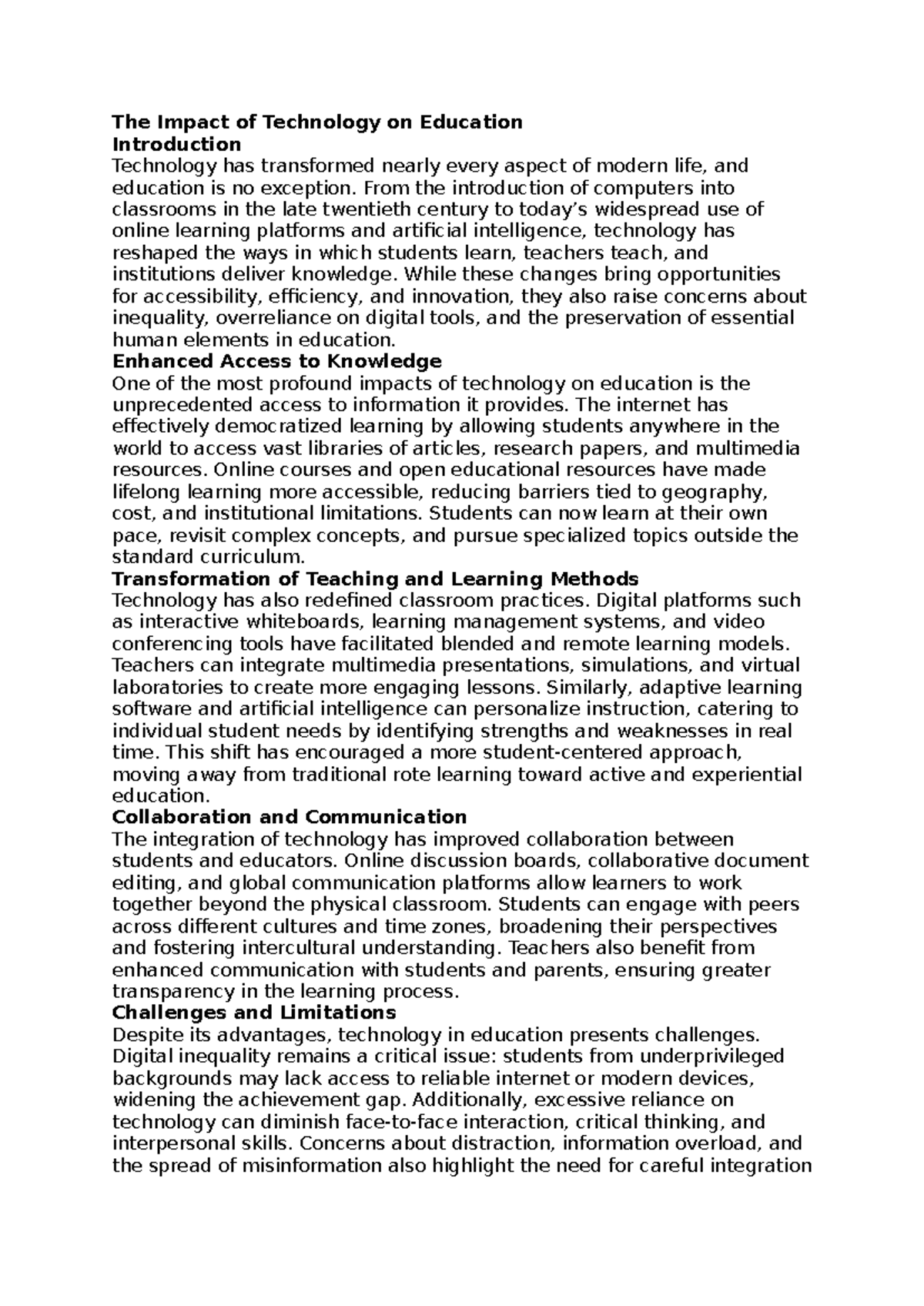 The Impact of Technology on Education: A Comprehensive Overview - Studocu