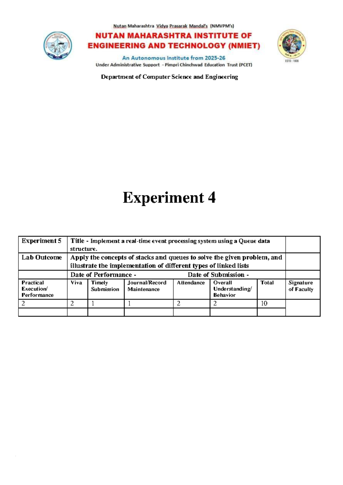 DS Lab Experiment No 4: Event Processing System Using Queue - Studocu
