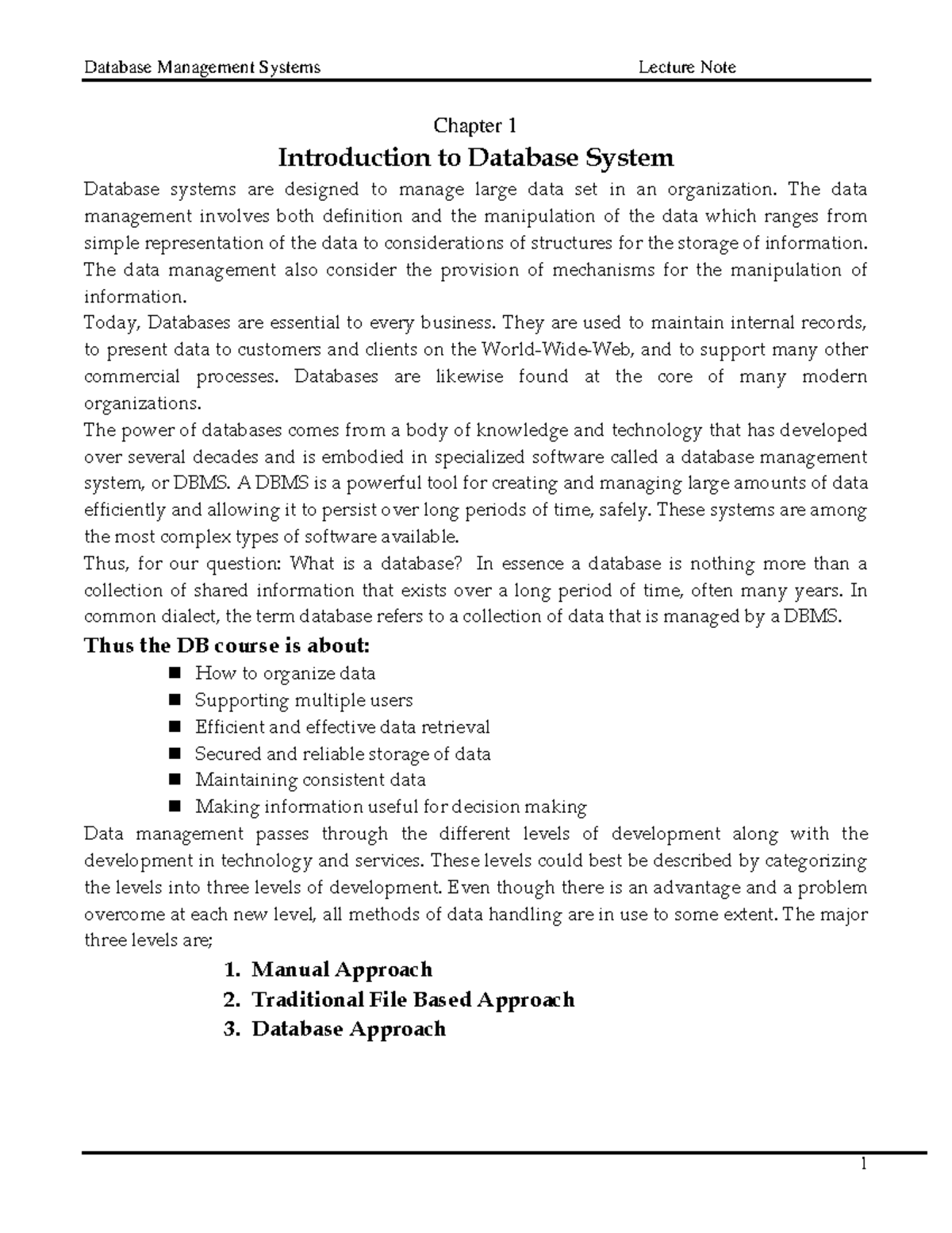 Database Management Systems (DBMS) Lecture Notes: Chapter 1 Overview ...